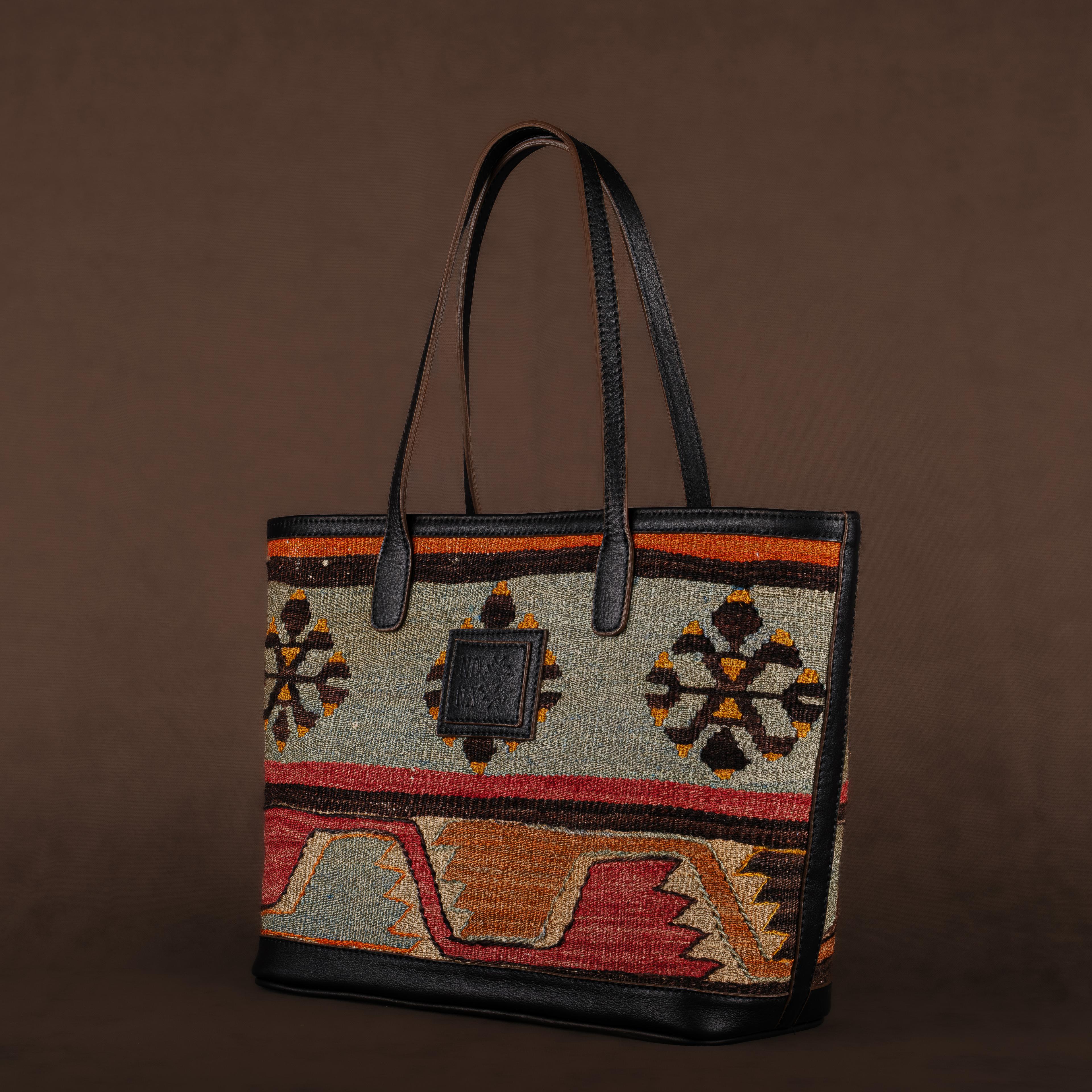 Grapefruit Medium Tote Bag, Handmade Antique Kilim Boho Bag