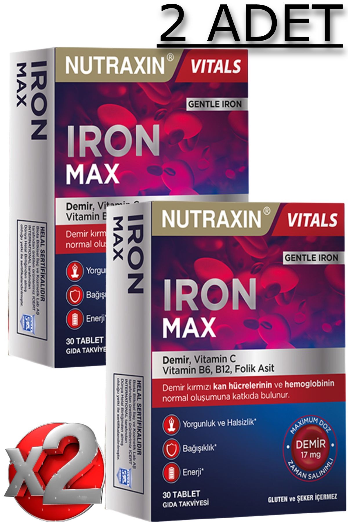 2 Adet Nutraxin Iron Max 30 Adet Tablet - (Demir, Vitamin C, B6, Folik Asit, B12)