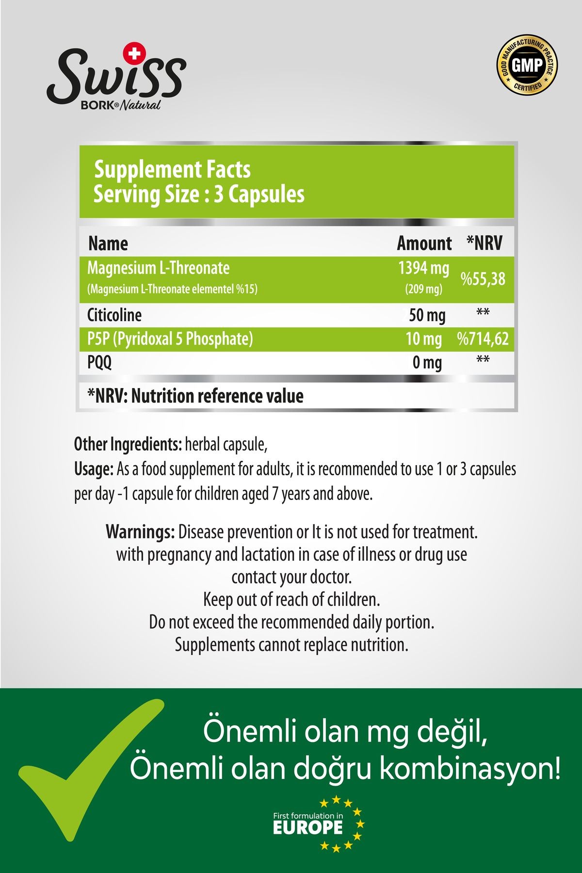 Swiss Bork Mag Focus 90 Kapsül Magnezyum L-Theronate PQQ P5P Citicoline Magnezyum Complex B6