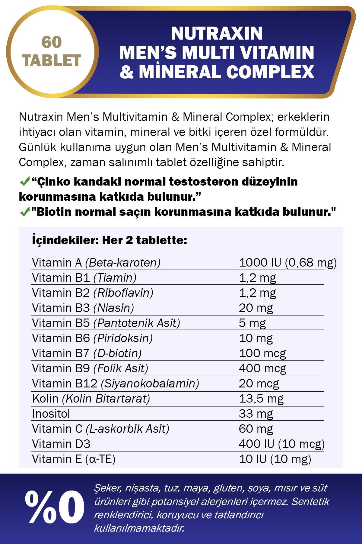 2 Adet Nutraxin Men's Multi Vitamin Ve Mineral Complex 60 Adet Tablet - (Erkeklere Özel Formül)