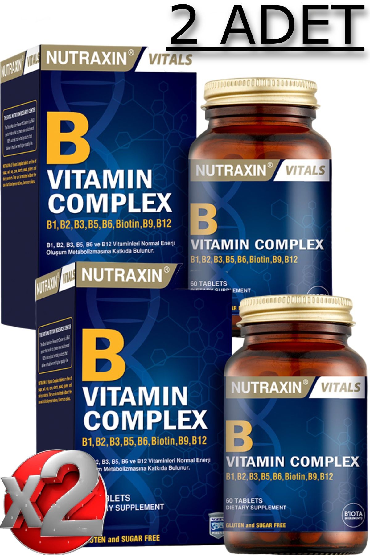 2 Adet Nutraxin B Vitamin Complex 60 Adet Tablet - (B1-B2-B3-B5-B6-Biotin-B12)