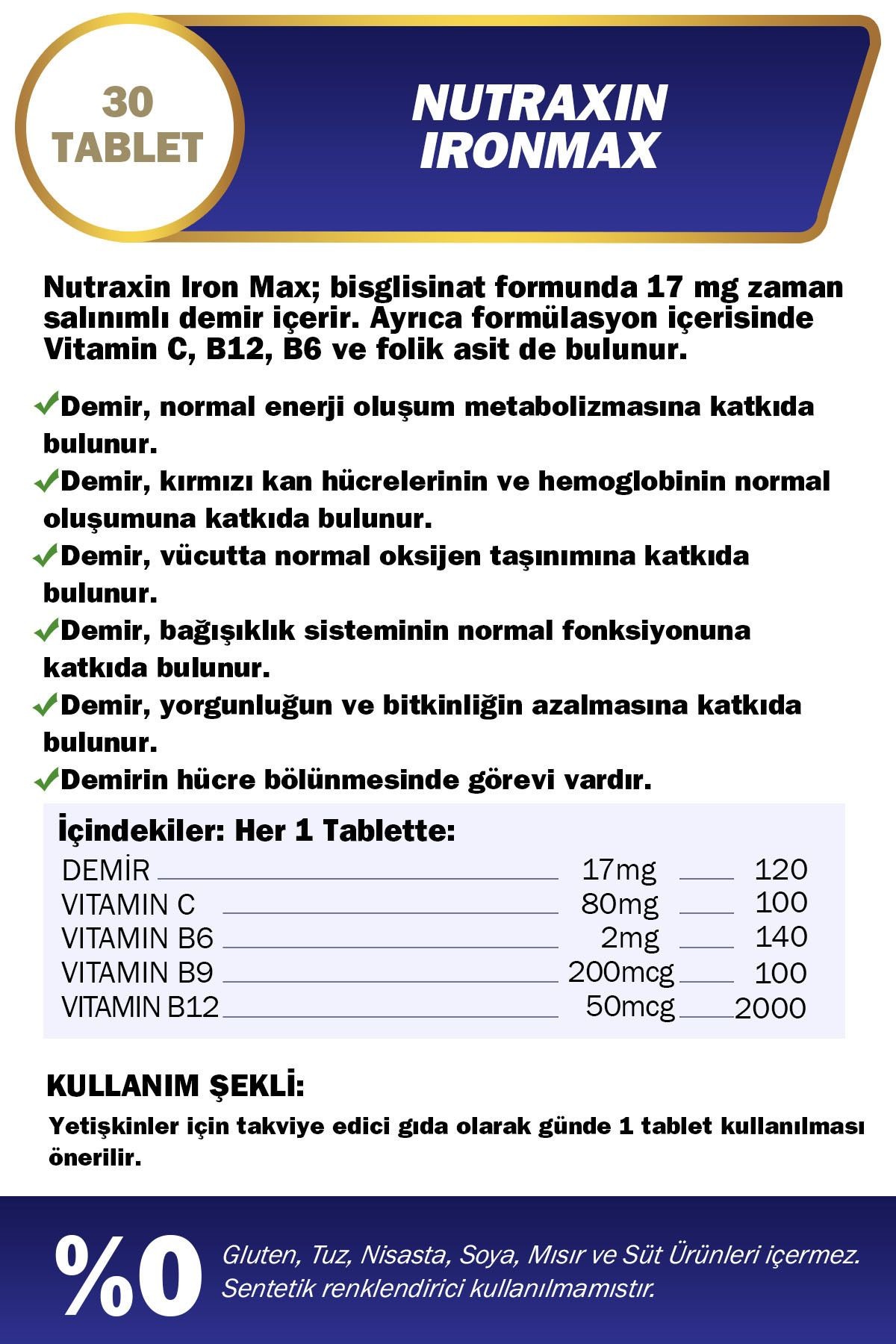 2 Adet Nutraxin Iron Max 30 Adet Tablet - (Demir, Vitamin C, B6, Folik Asit, B12)