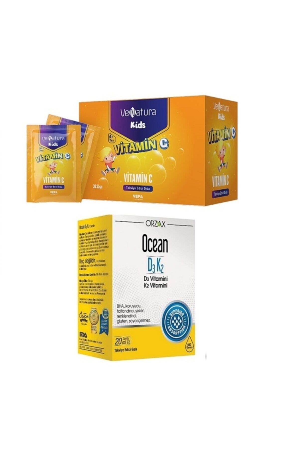 4-10 Yaş Grubu Çocuklar Için Vitamin C 30 Saşe + Ocean Vitamin D3 K2 Damla 20 ml