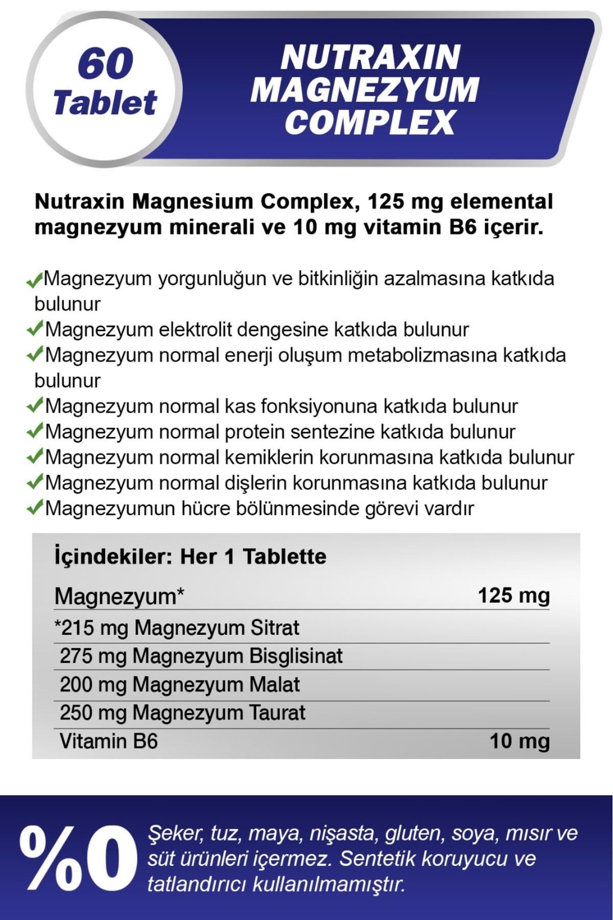 2 Adet Nutraxin Magnezyum Complex 60 Adet Tablet 125 Mg - (Bisiglinat-Taurat-Malat-Sitrat-B6)