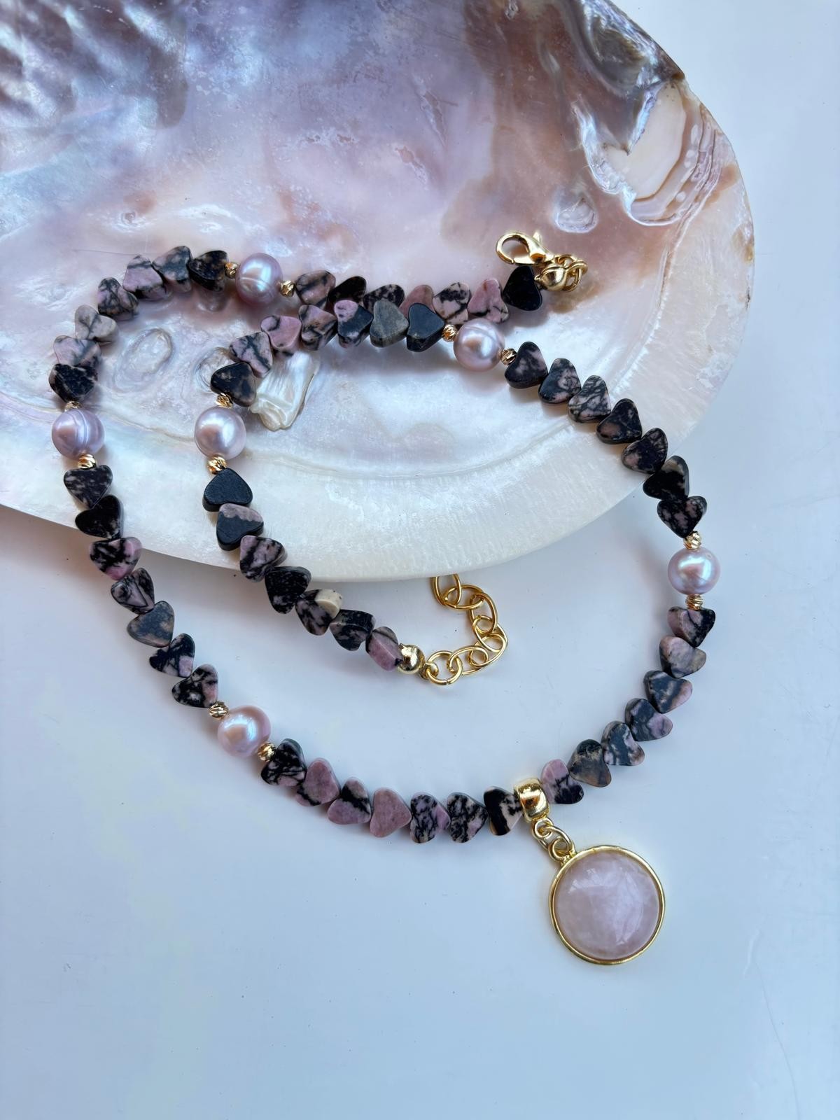 Rodonit + Pembe İnci Tasarım Kolye