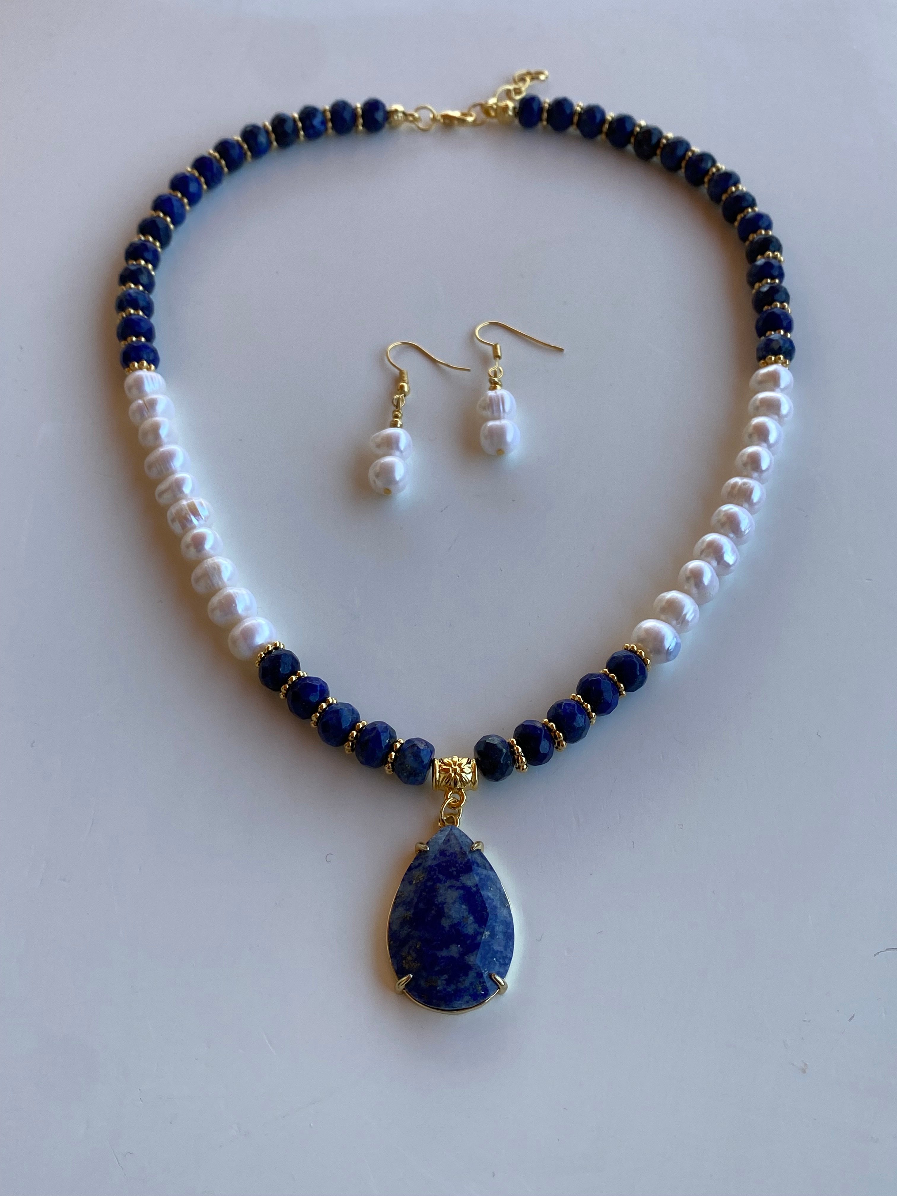 İnci + Lapis Tasarım Kolye ve Küpe