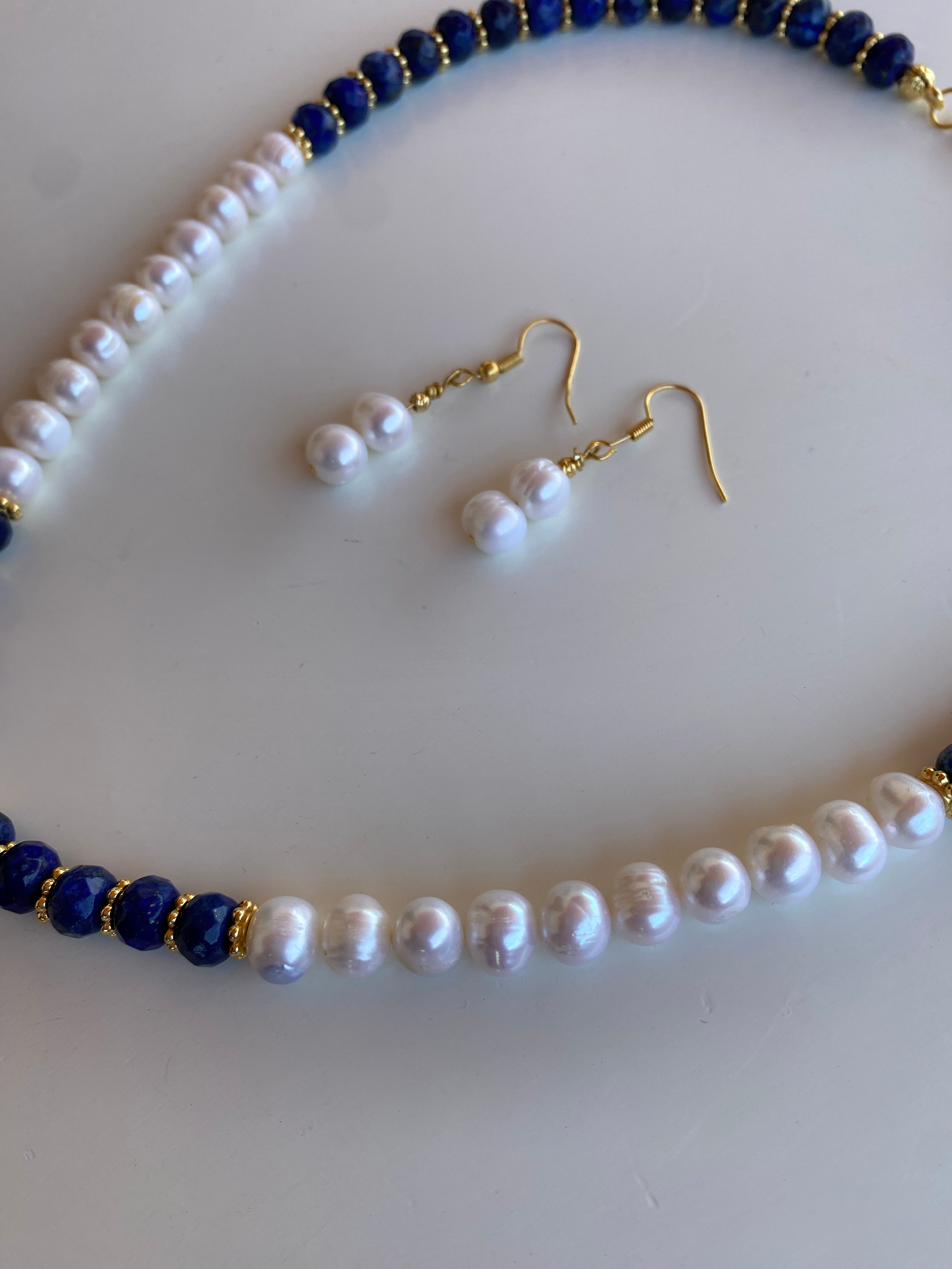 İnci + Lapis Tasarım Kolye ve Küpe