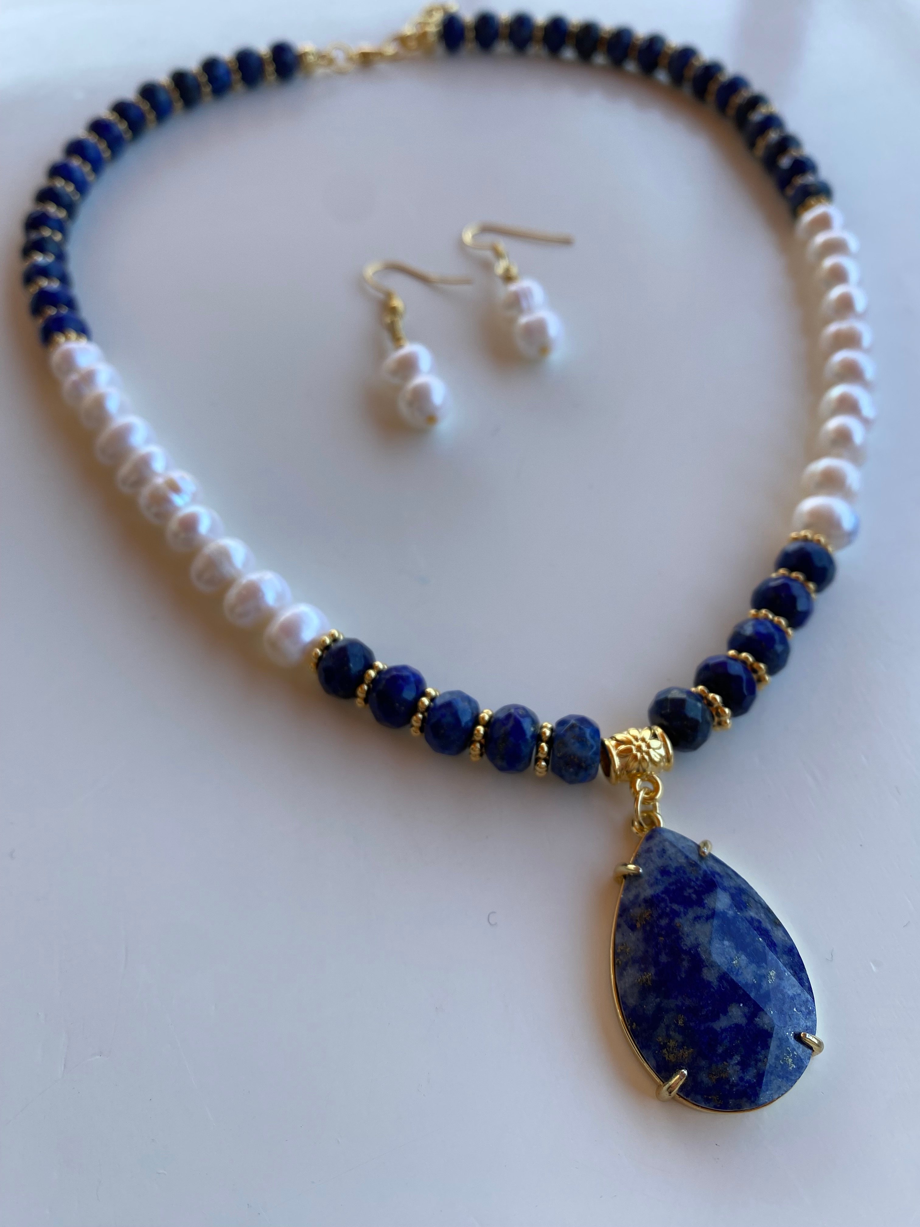 İnci + Lapis Tasarım Kolye ve Küpe