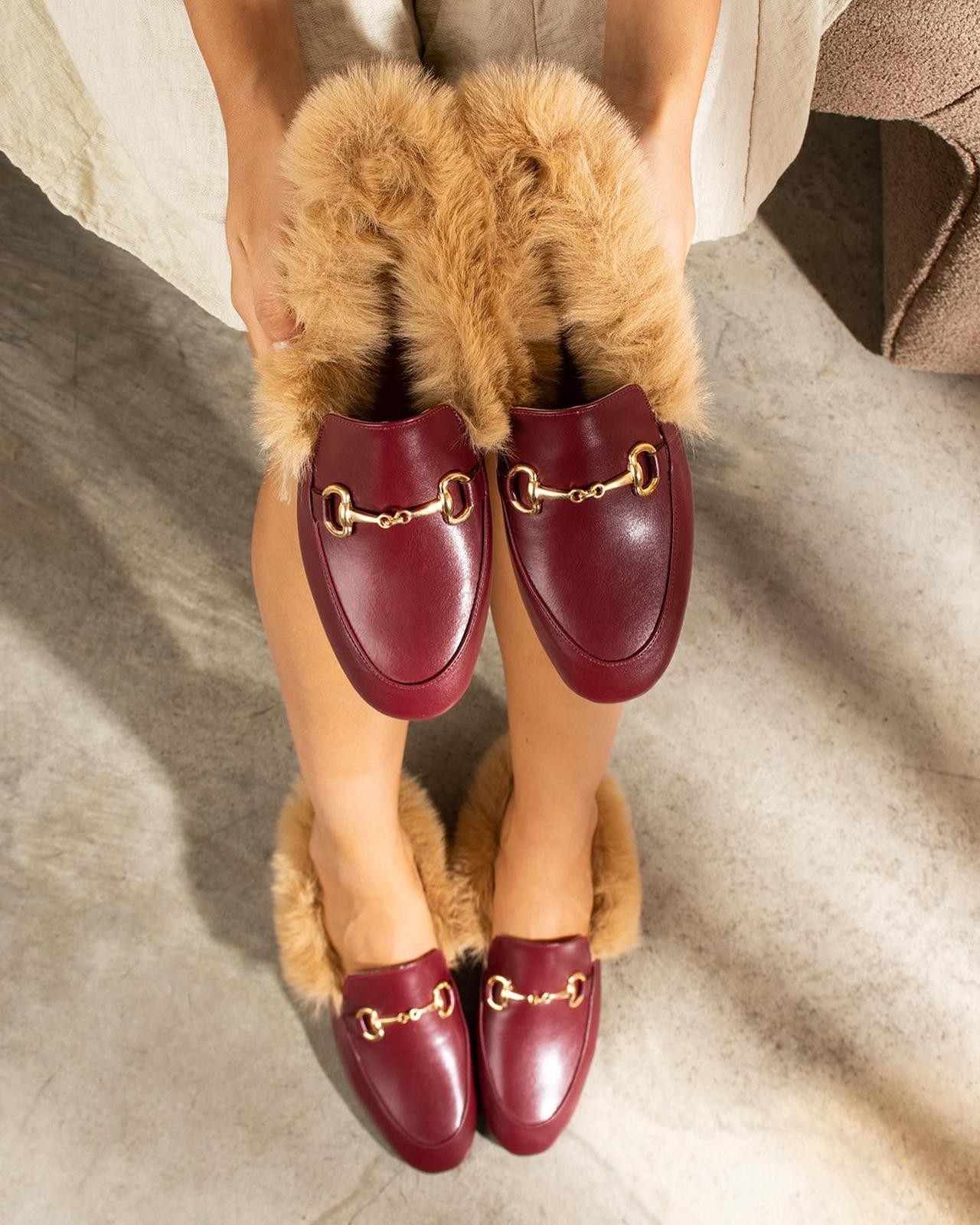 BORDO TÜYLÜ PELUŞ DERİ LOAFER BABET