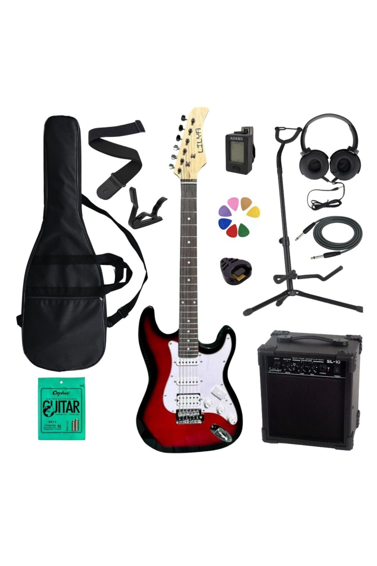 HSS Elektro Gitar Amfi Kulaklık FULL SET - kırmızı