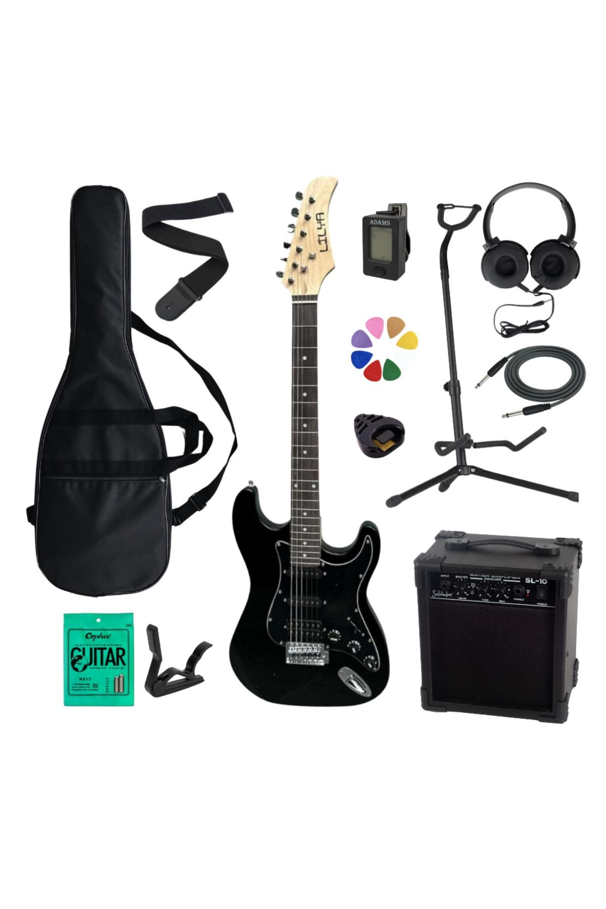 HSS Elektro Gitar Amfi Kulaklık FULL SET - siyah