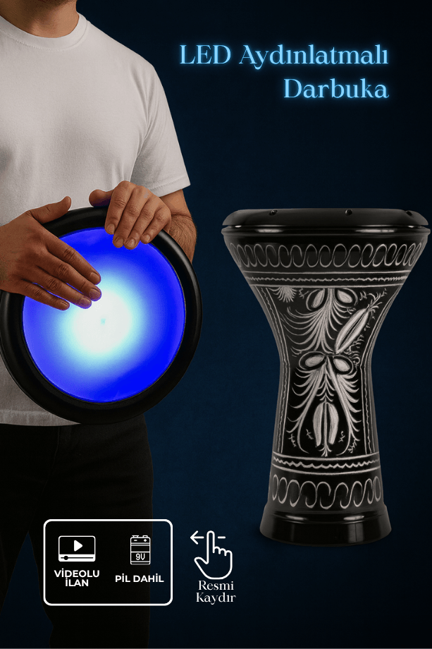 Ritme Duyarlı Mavi Işıklı Erzincan İşlemeli Döküm Darbuka (PİL HARİÇ) Kılıfı + Led Projektör