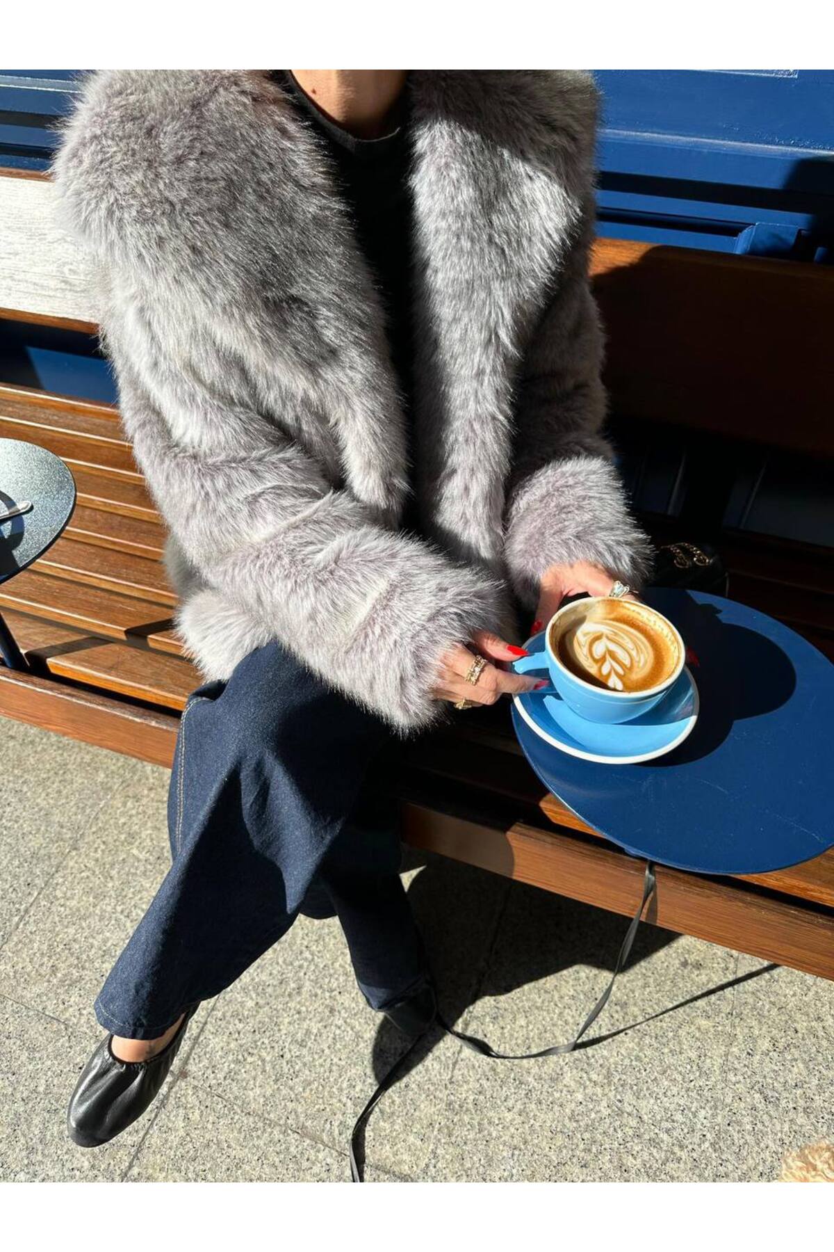 GRİ ŞAL YAKA KÜRK GÖRÜNÜMLÜ CEKET