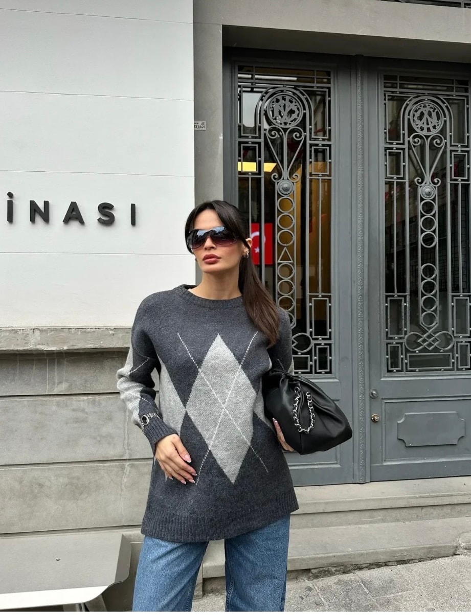 ANTRASİT GRİ BAKLAVA DESEN KAZAK