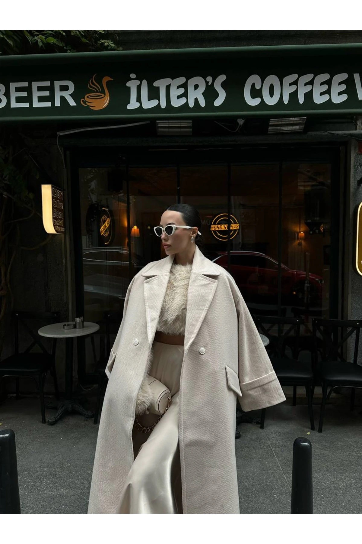 Ekru Oversize Premium Kaşe Kaban