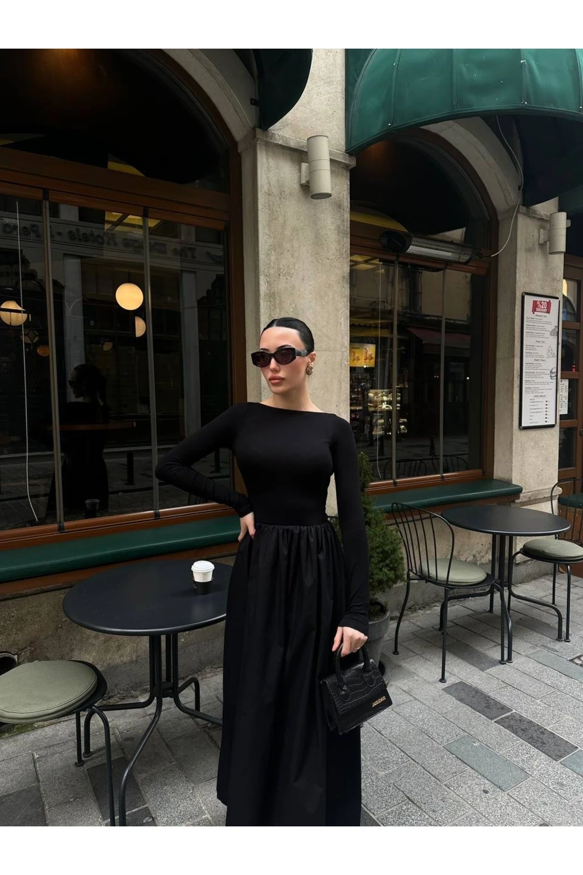 SİYAH BELİ LASTİKLİ UZUN ELBİSE