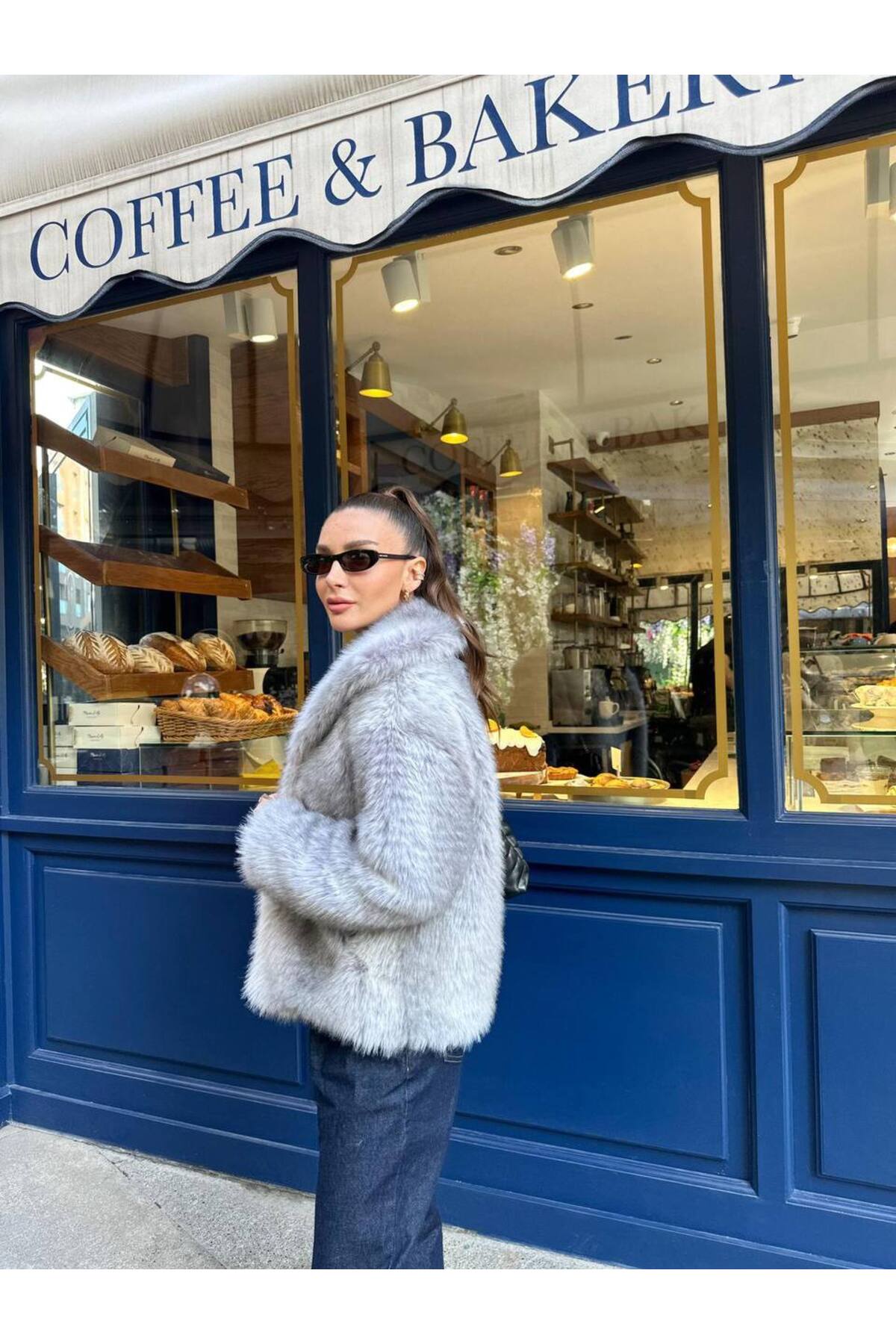 GRİ ŞAL YAKA KÜRK GÖRÜNÜMLÜ CEKET