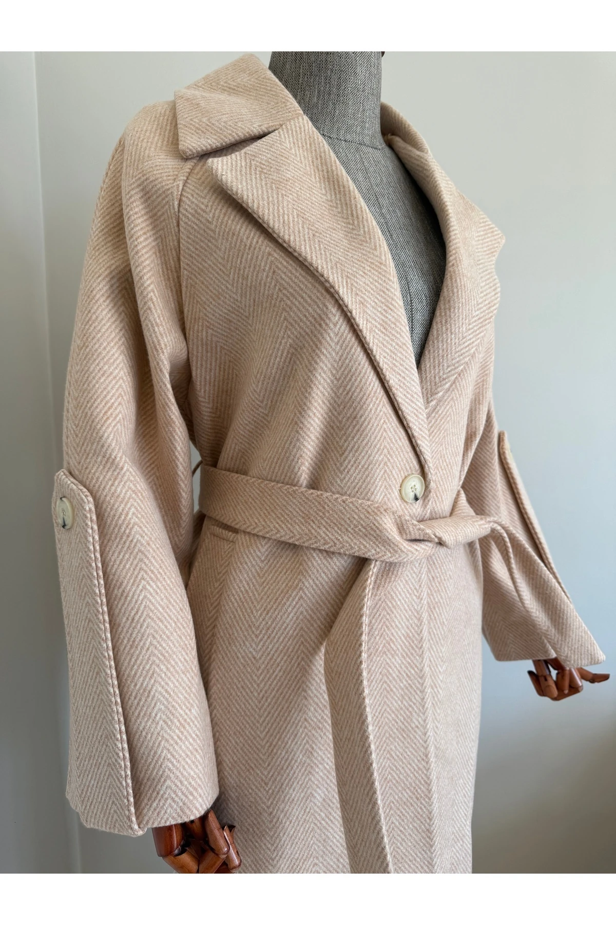 Oversize -ekru Kol Detaylı Kuşaklı Premıum Kaban