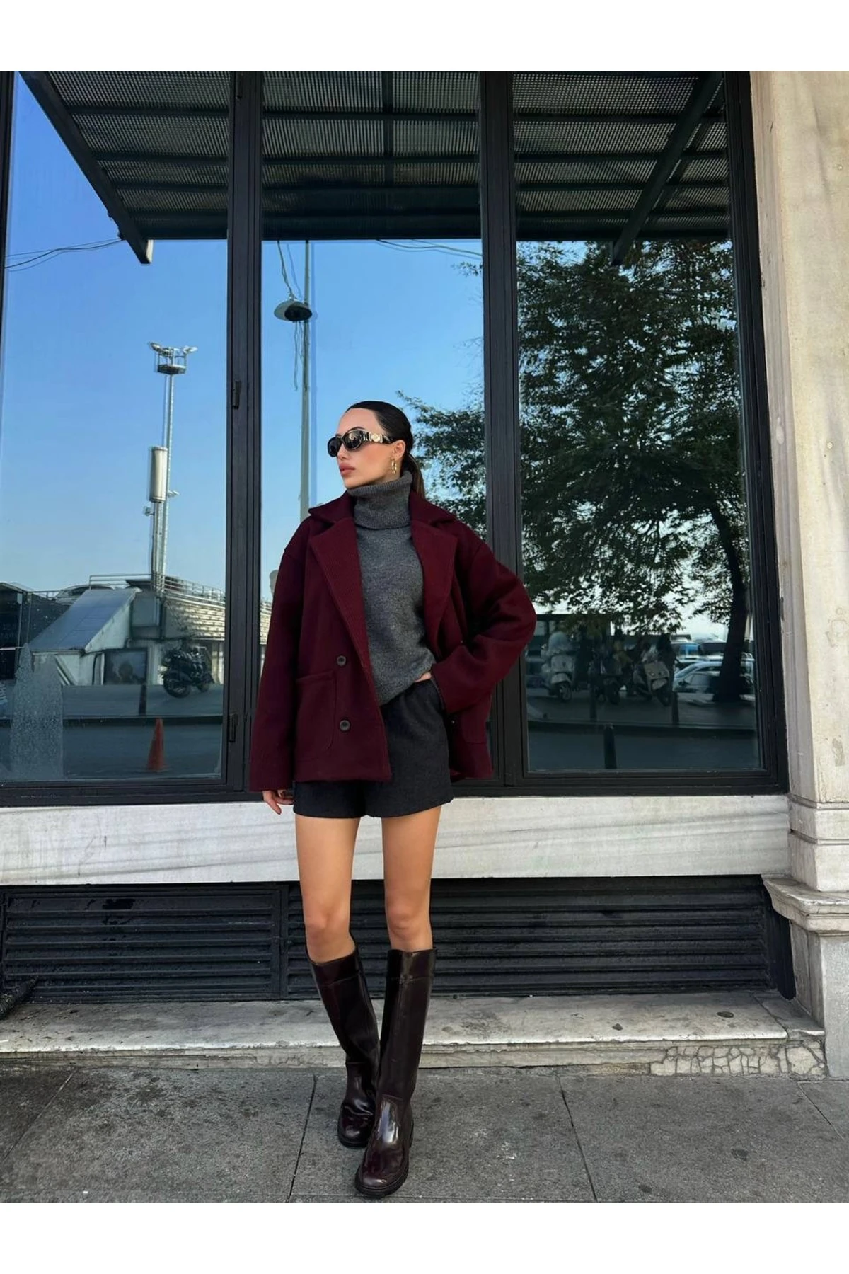 Bordo Fitilli Desen Oversize Ceket