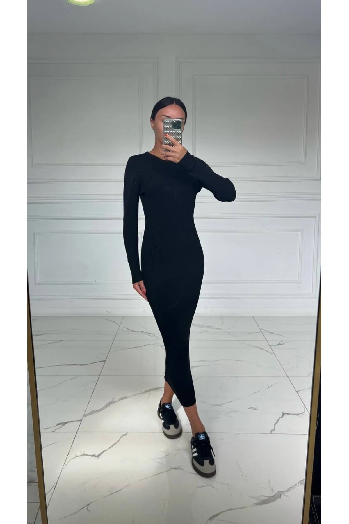 SİYAH UZUN BOY BALIKÇI YAKA FİTİLLİ ELBİSE