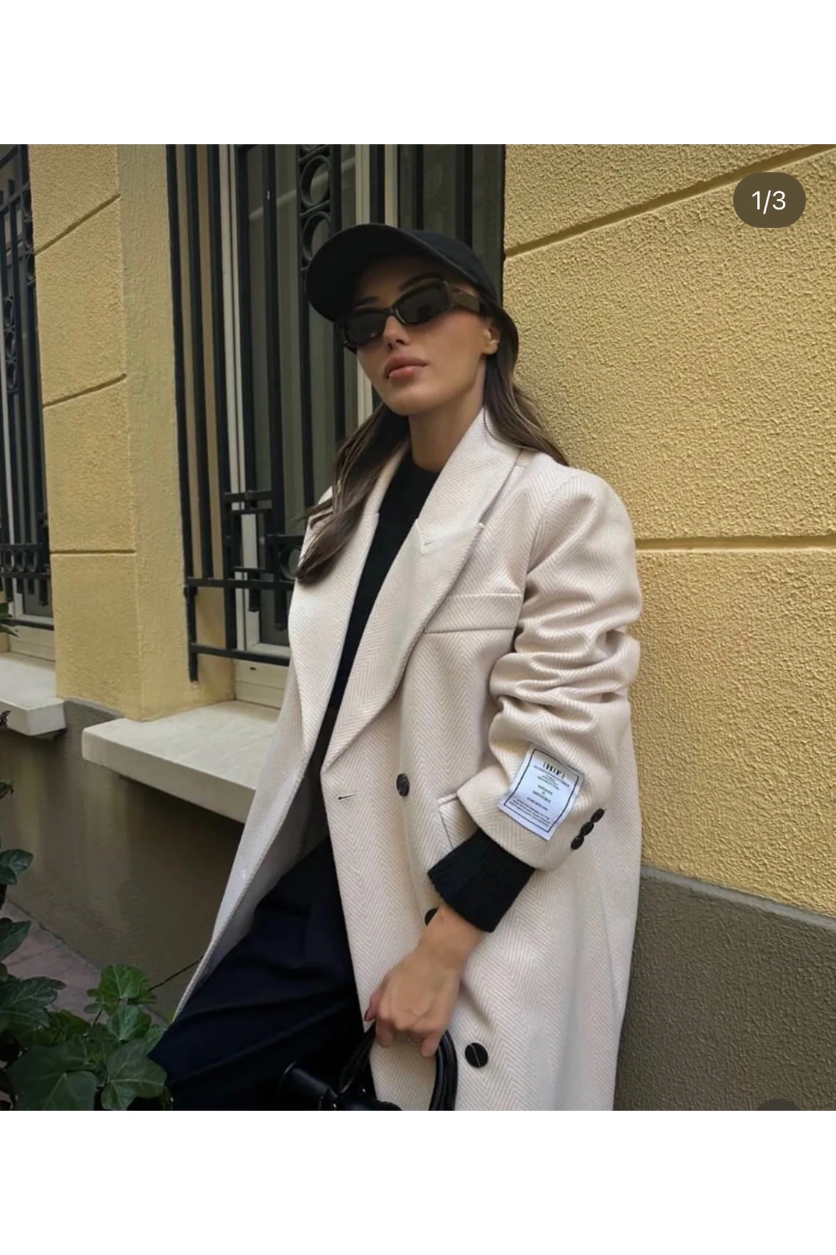 EKRU OVERSİZE ARMA DETAY BALIKSIRTI KABAN %70YÜN %22PAMUK