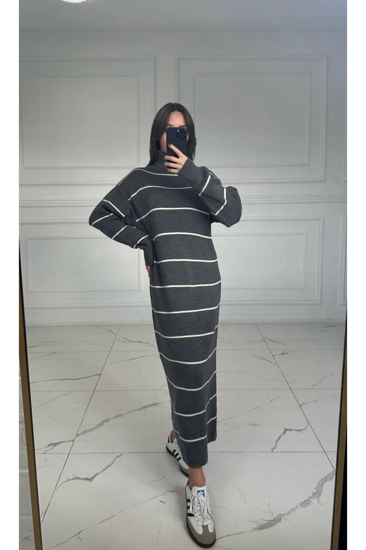 Kadın Uzun Balıkçı Siyah Çizgili Elbise