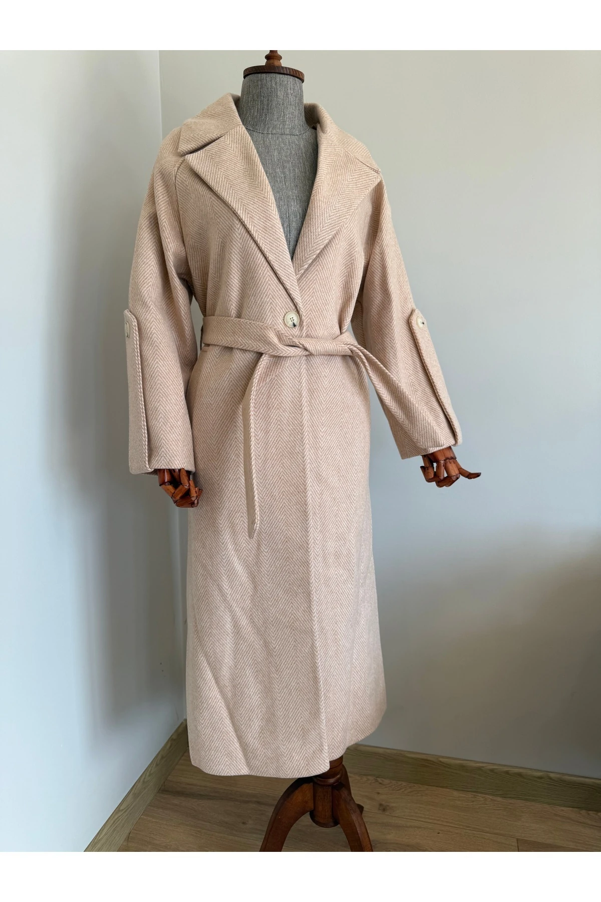 Oversize -ekru Kol Detaylı Kuşaklı Premıum Kaban