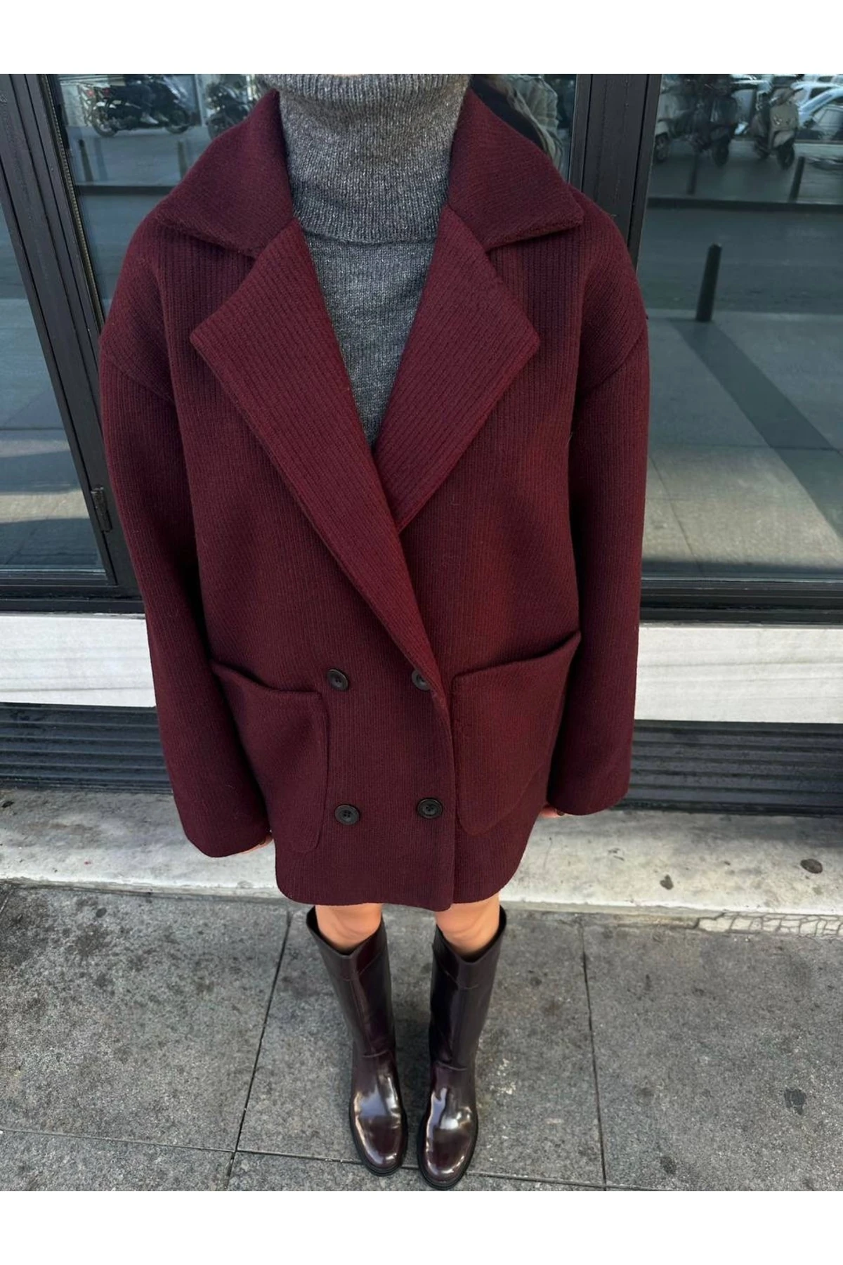 Bordo Fitilli Desen Oversize Ceket