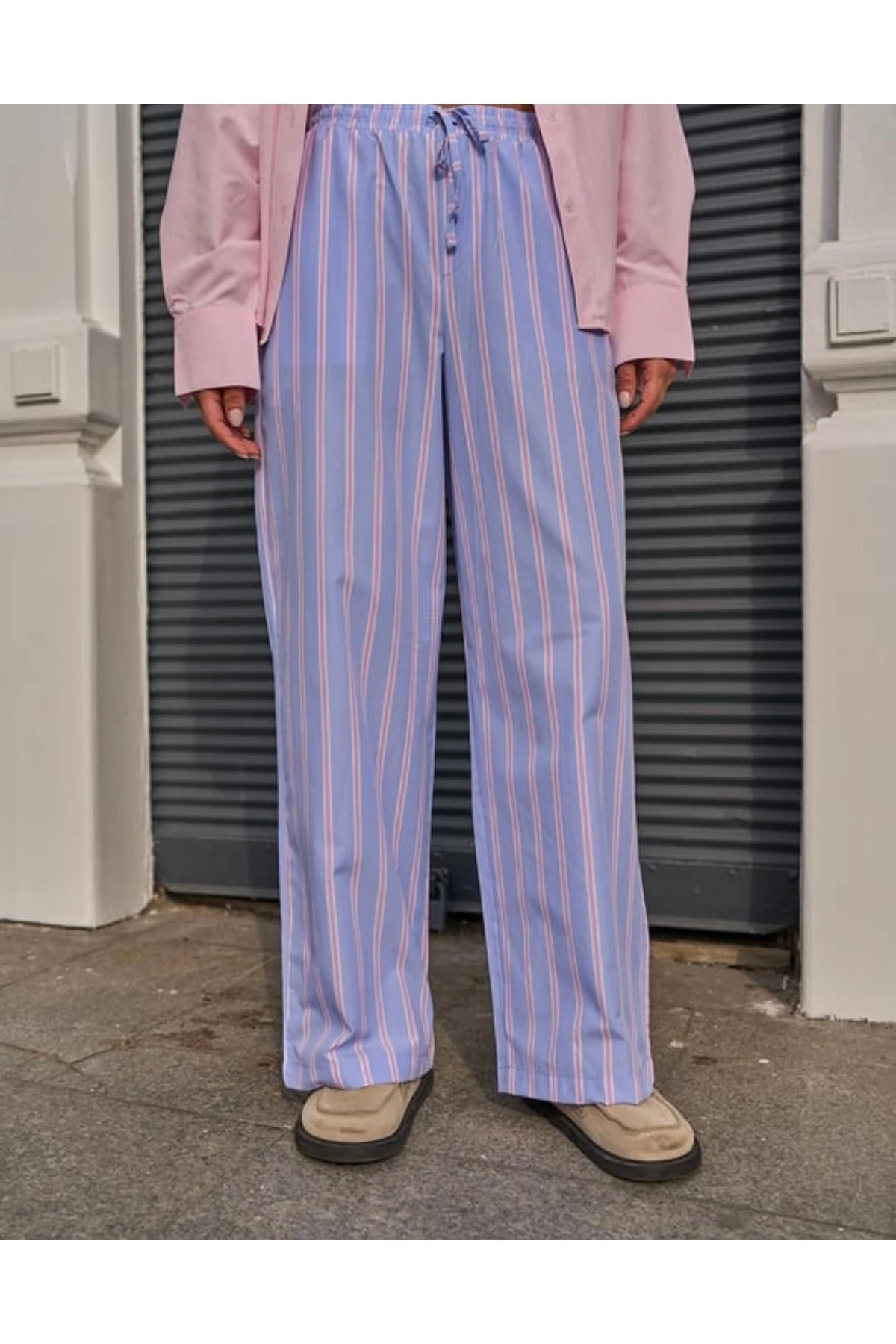 MAVİ PEMBE ÇİZGİLİ GÖMLEK-PANTOLON-ŞORT TAKIM