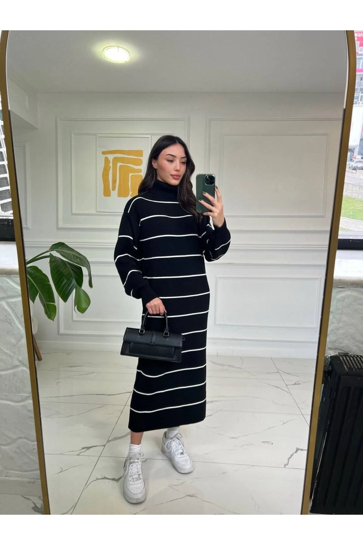 Kadın Uzun Balıkçı Siyah Çizgili Elbise