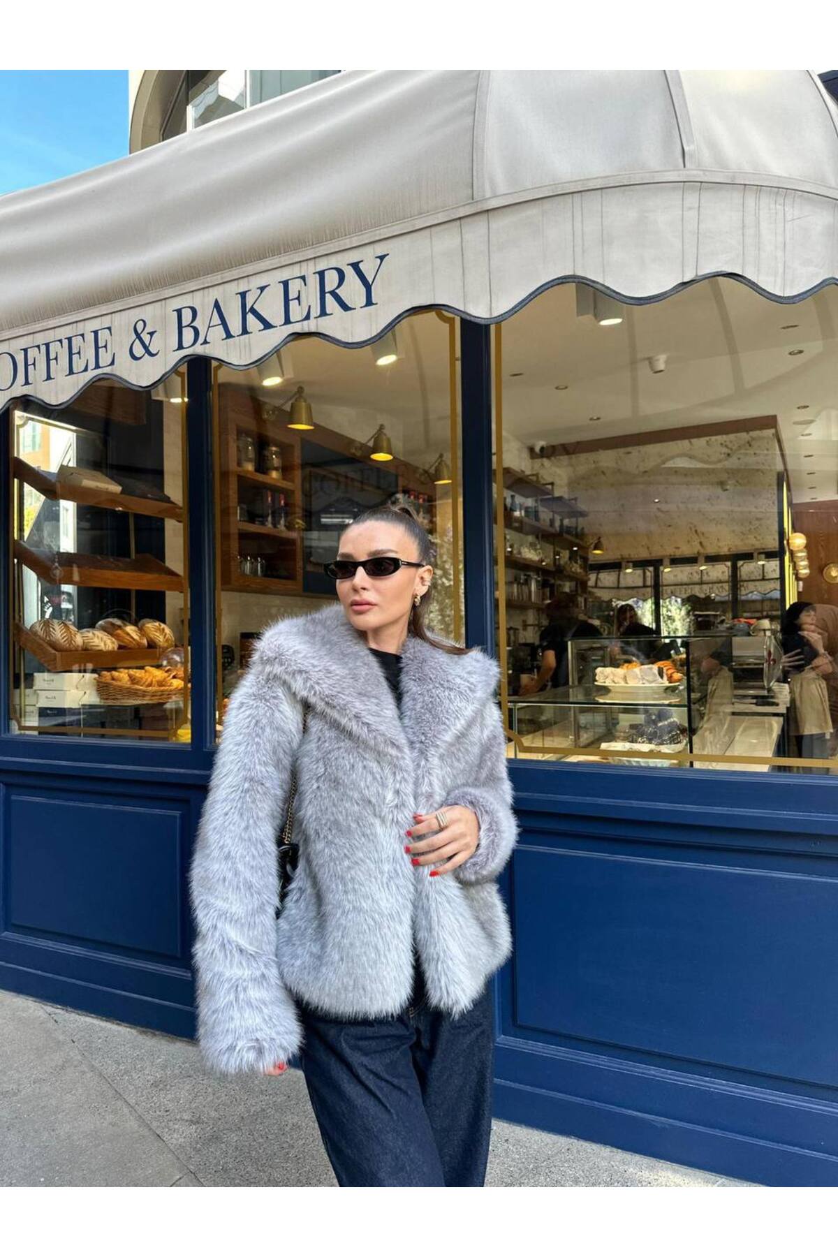 GRİ ŞAL YAKA KÜRK GÖRÜNÜMLÜ CEKET