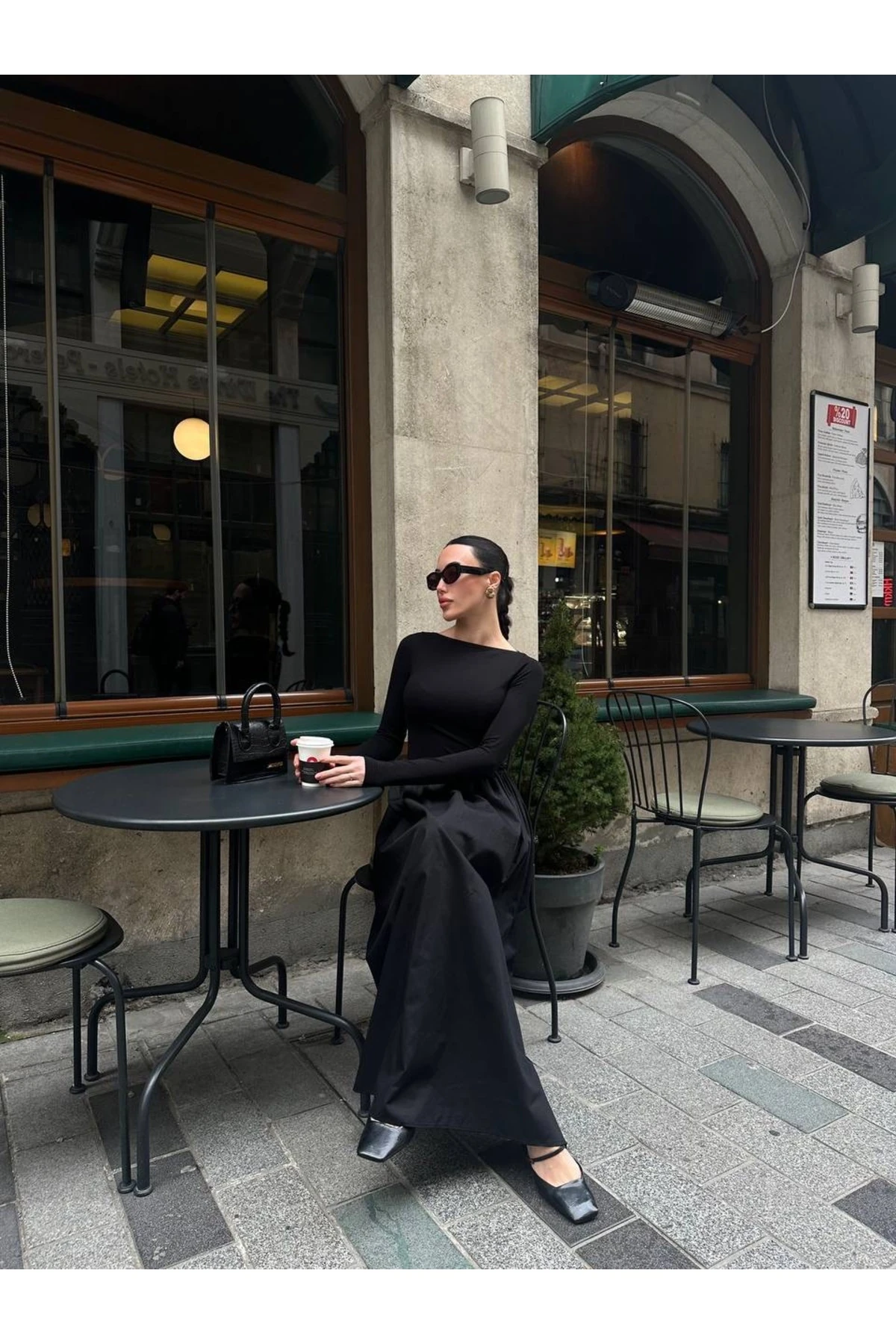 SİYAH BELİ LASTİKLİ UZUN ELBİSE