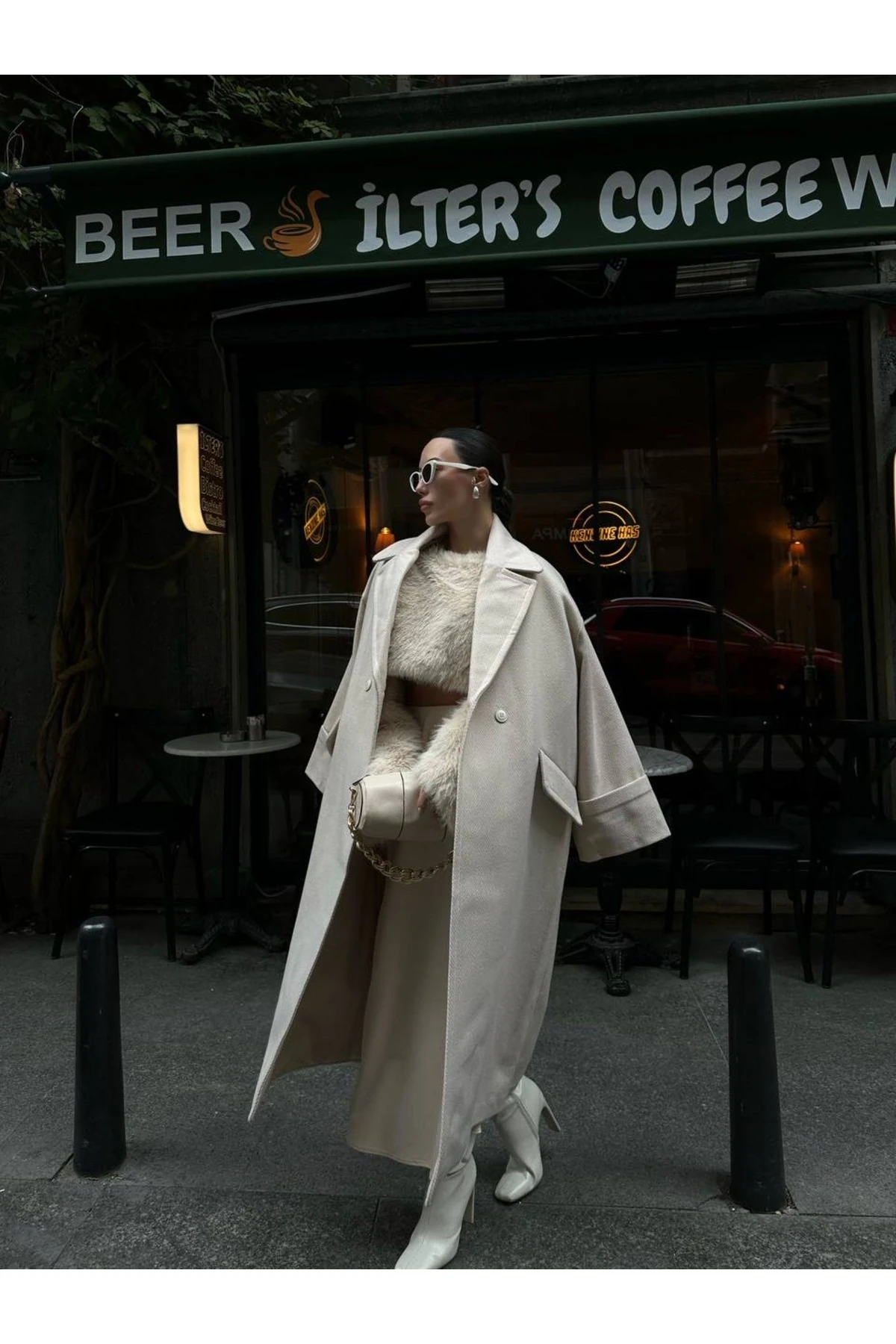 Ekru Oversize Premium Kaşe Kaban