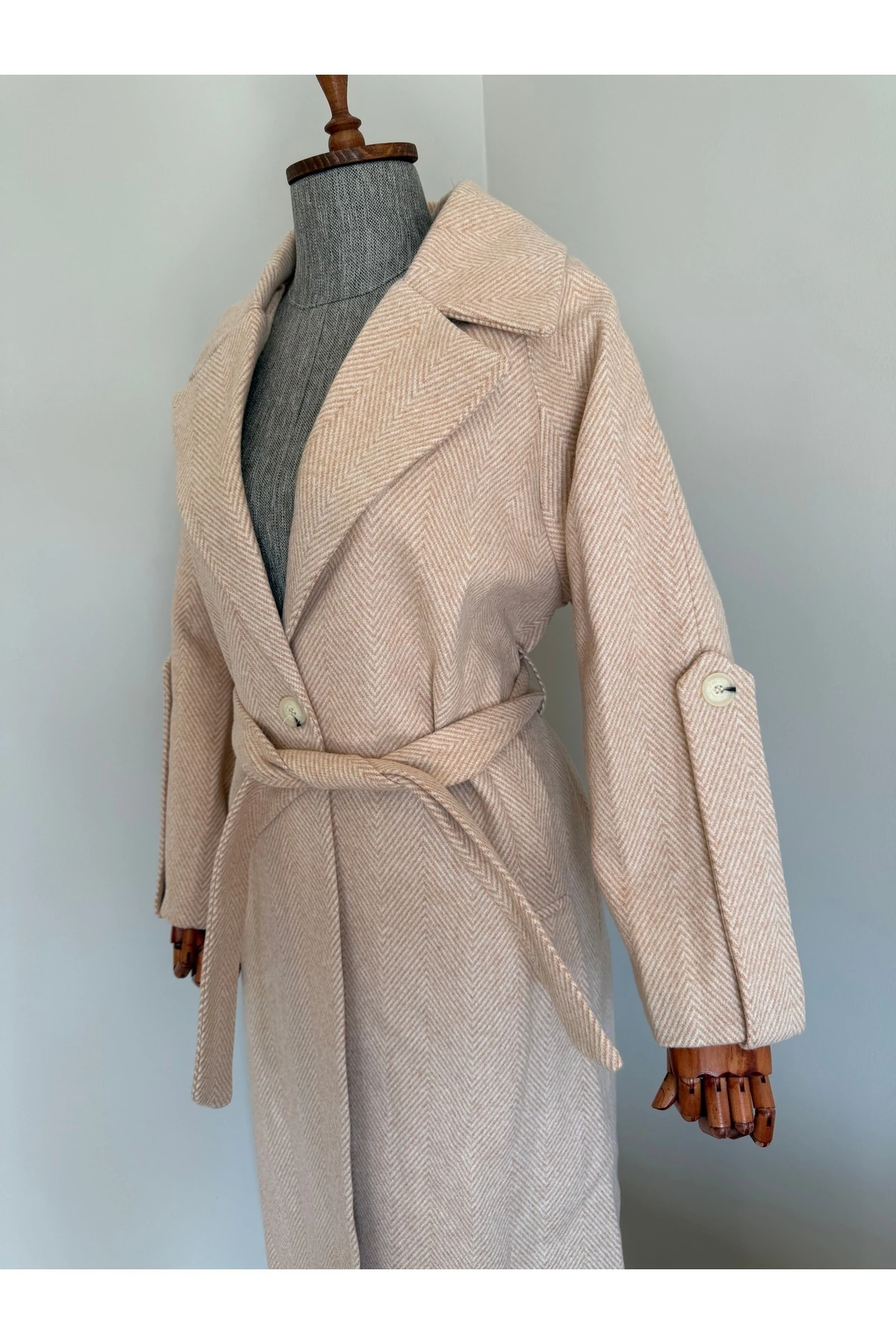 Oversize -ekru Kol Detaylı Kuşaklı Premıum Kaban