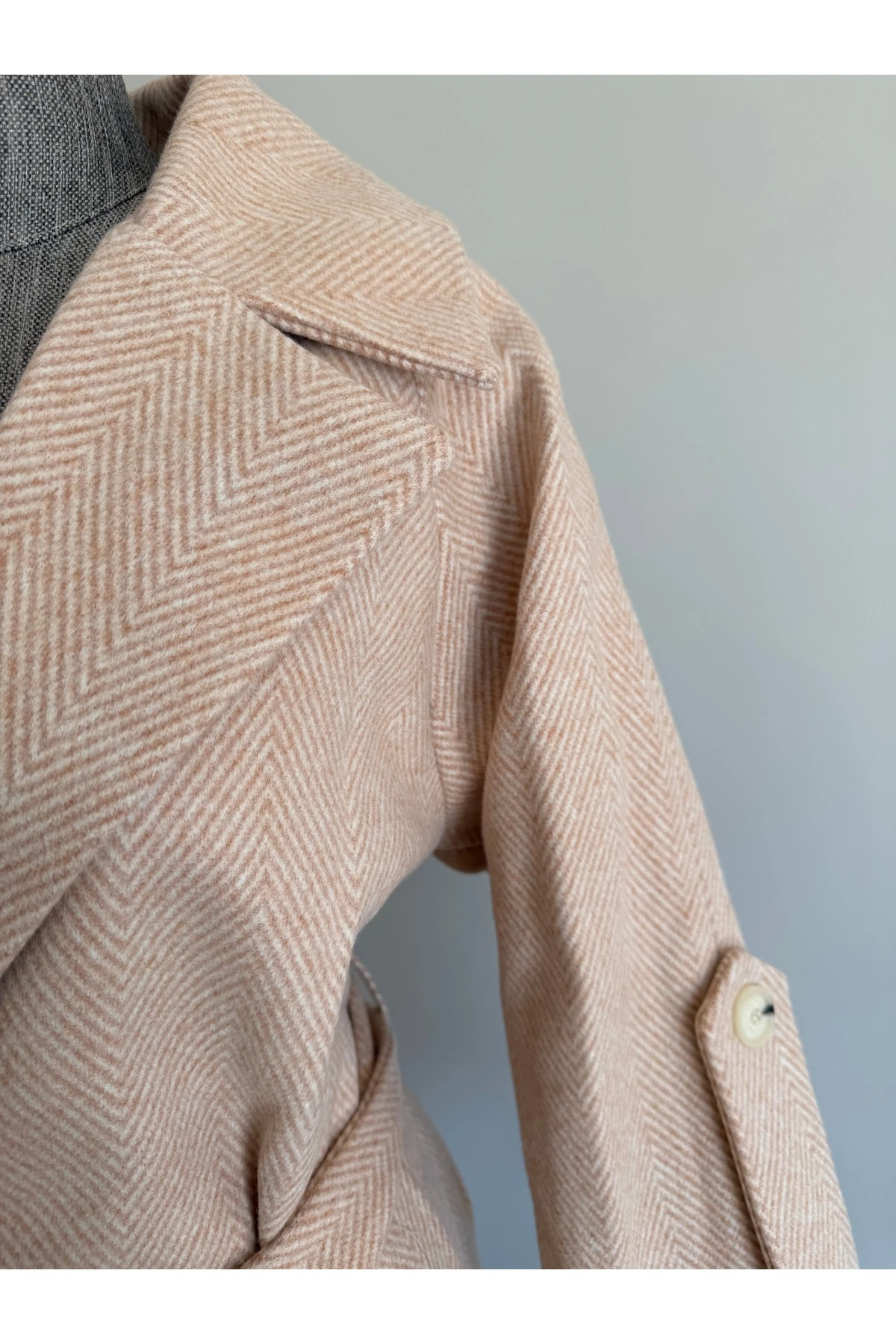 Oversize -ekru Kol Detaylı Kuşaklı Premıum Kaban