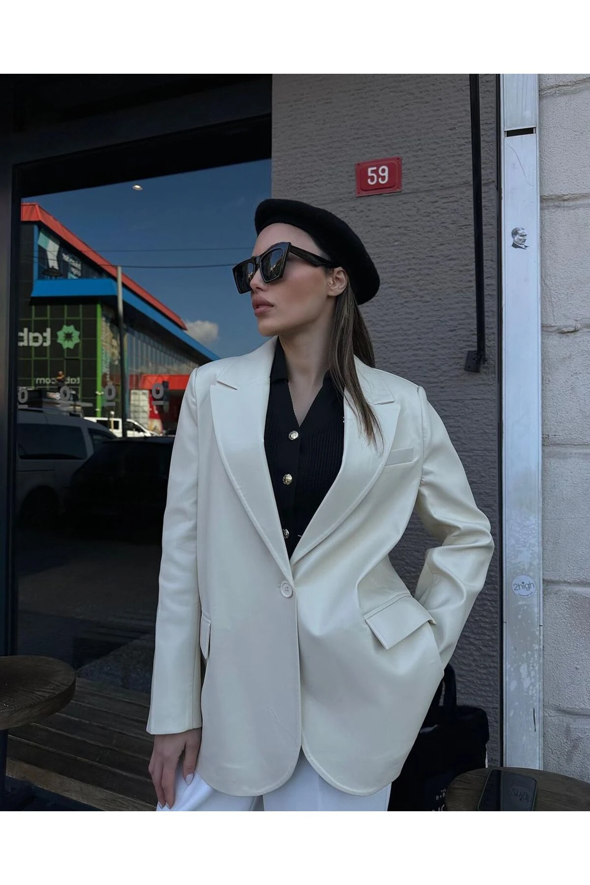 TAŞ RENGİ BLAZER DERİ CEKET