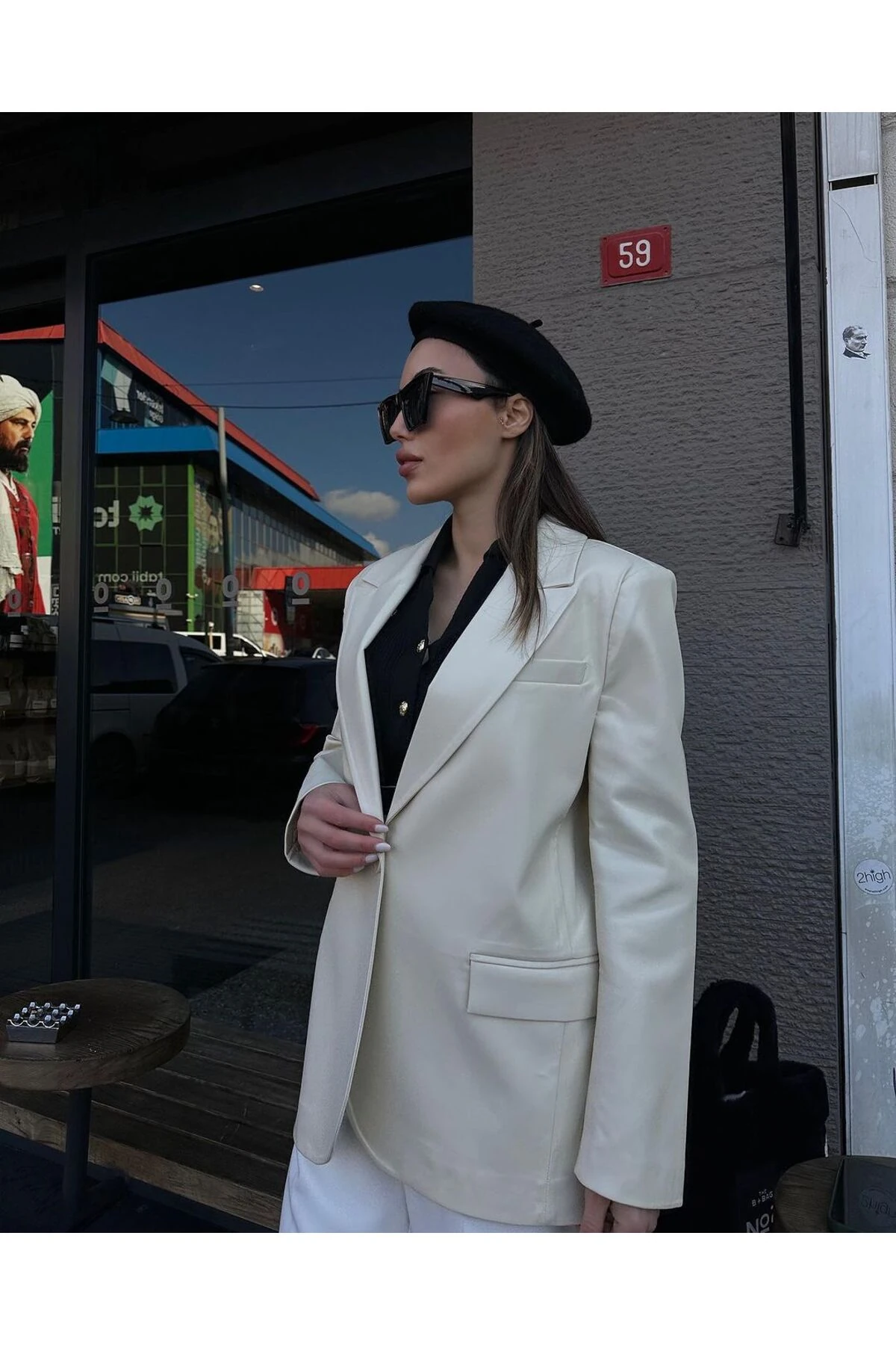 TAŞ RENGİ BLAZER DERİ CEKET