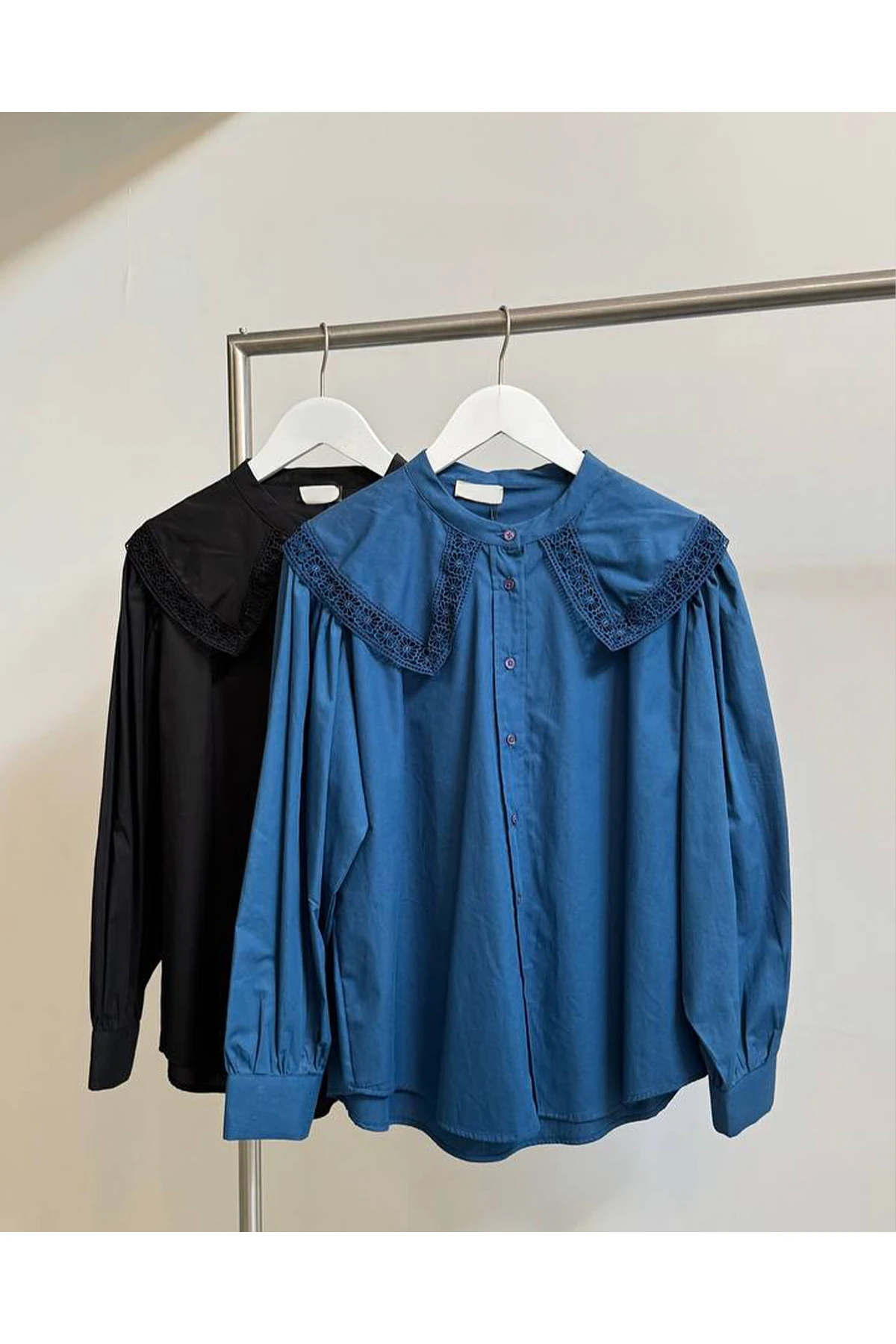 LACİVERT POPLİN DANTEL YAKA GÖMLEK