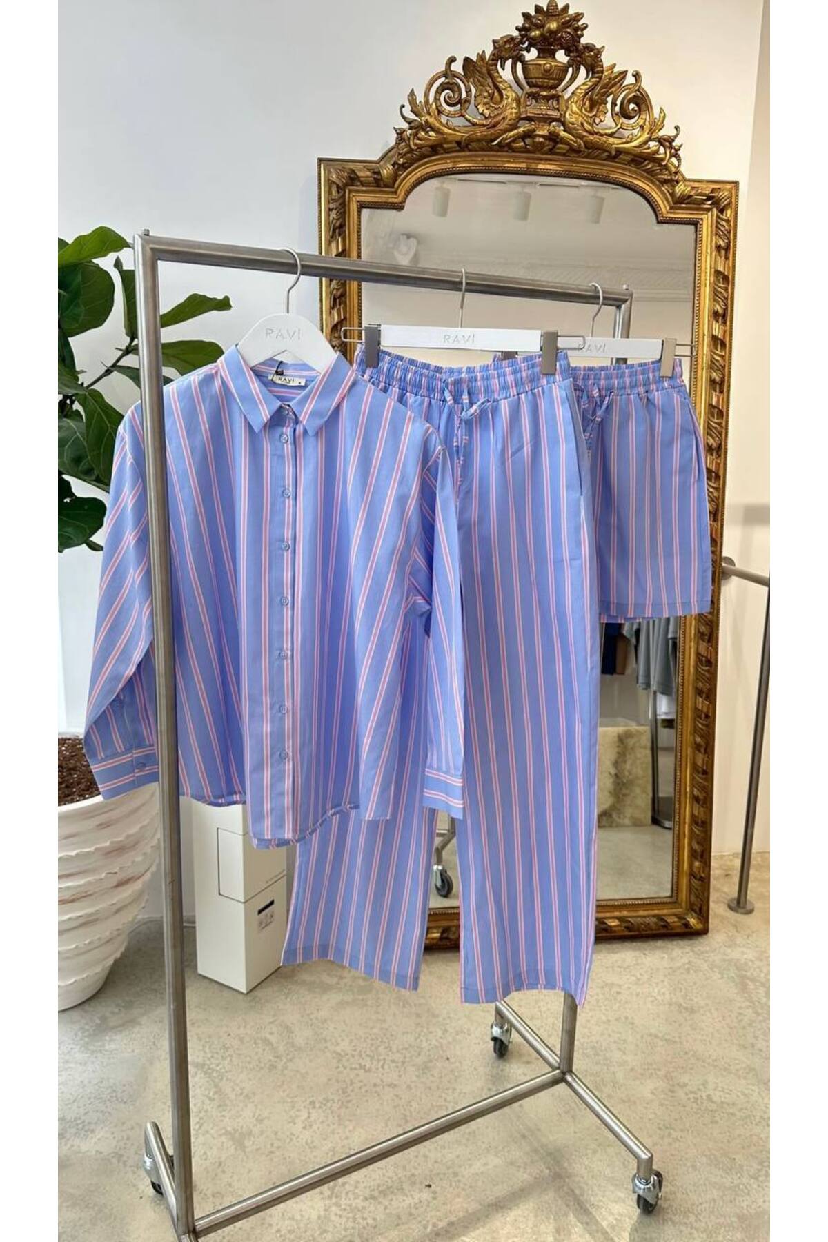 MAVİ PEMBE ÇİZGİLİ GÖMLEK-PANTOLON-ŞORT TAKIM