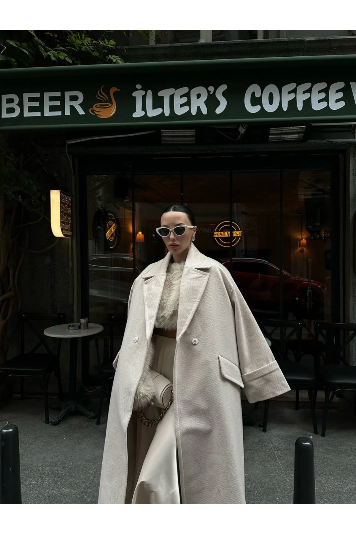 Ekru Oversize Premium Kaşe Kaban