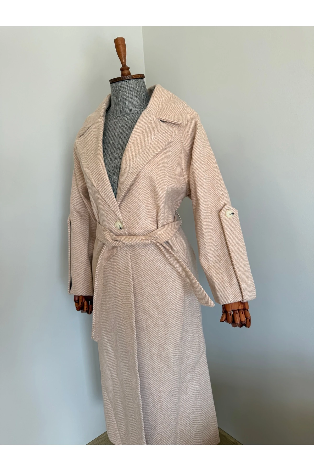 Oversize -ekru Kol Detaylı Kuşaklı Premıum Kaban