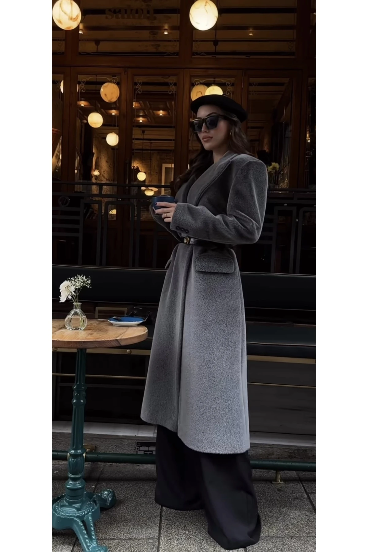 Oversize Bol Kesim -gri Özel Dokulu Kaban