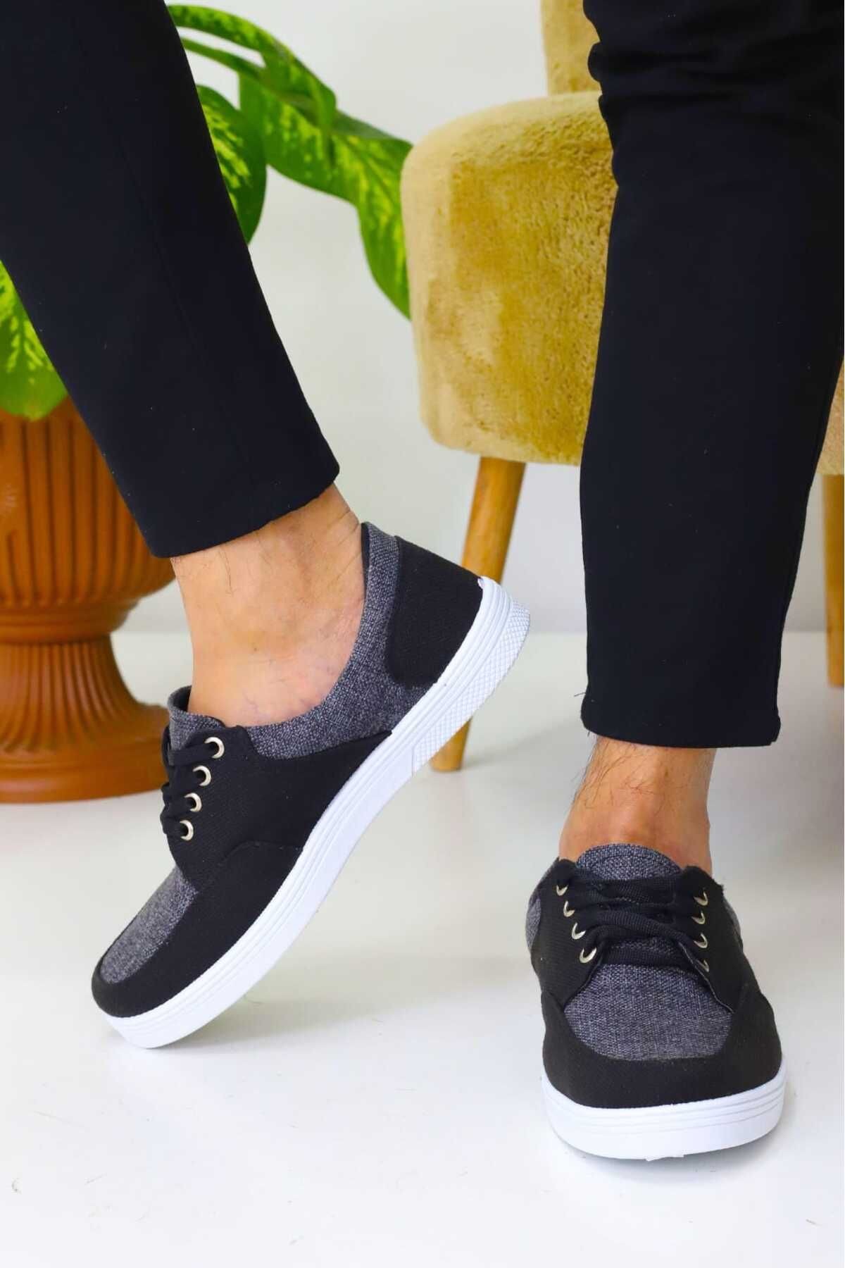 Erkek Siyah Keten Rahat Günlük Sneaker WSB4068