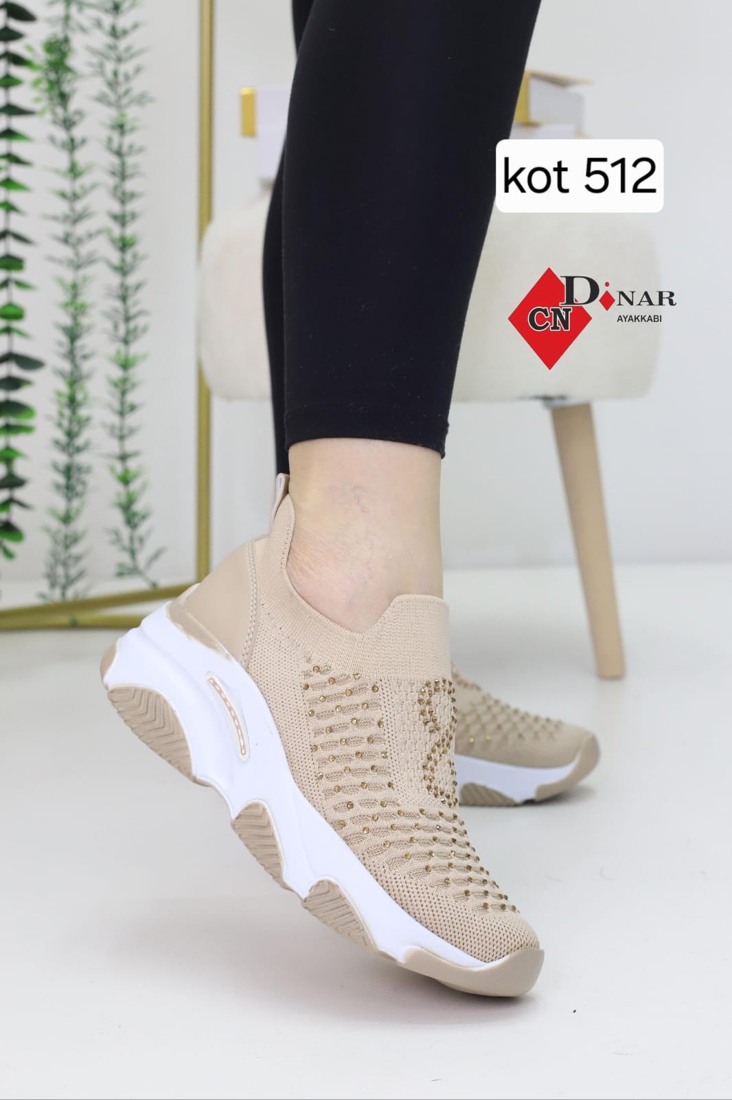 Kadın  Krem Taşlı & Triko 10 cm Gizli Topuk Spor Ayakkabı WSB4088