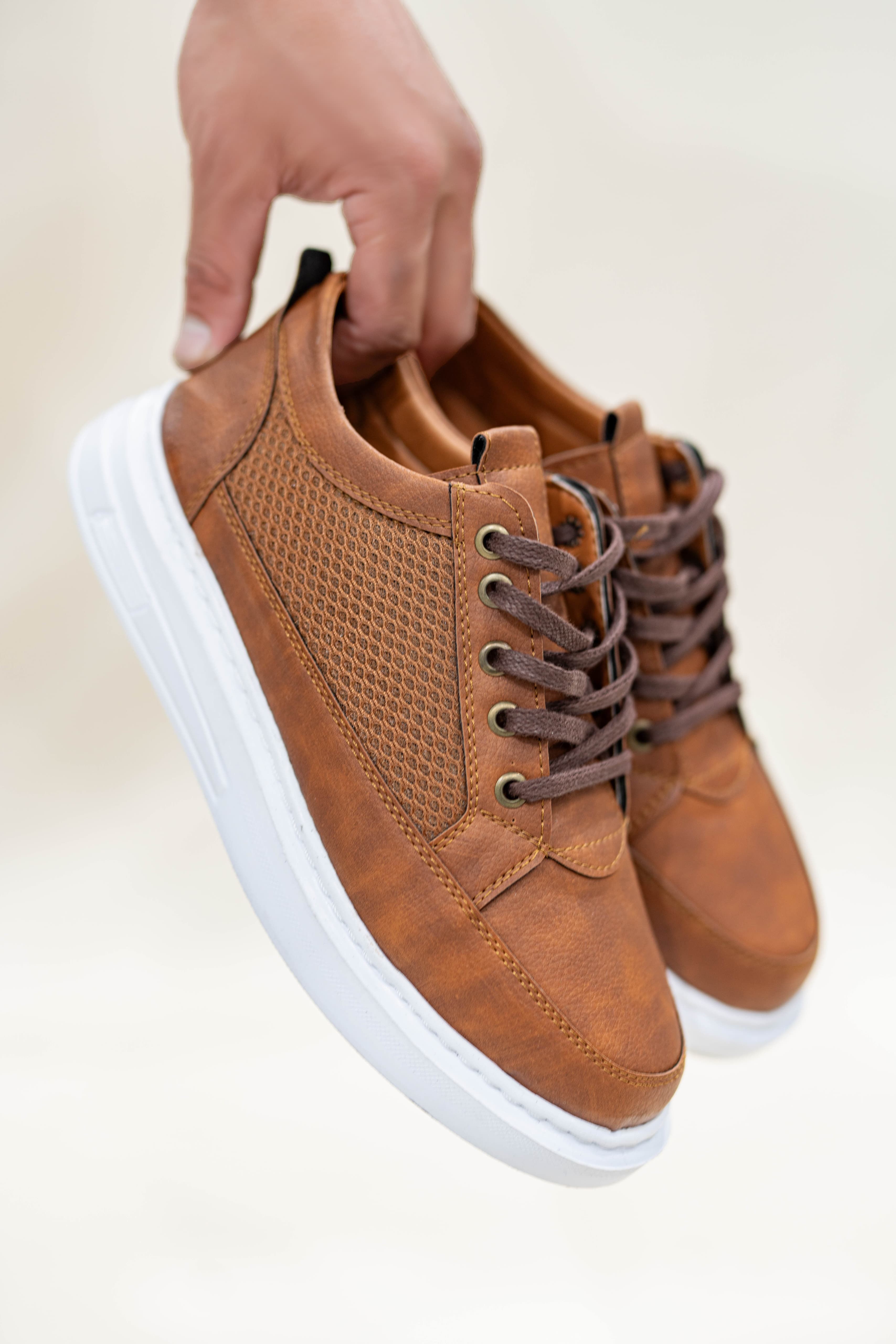 Kahverengi Erkek Fileli Bağcıklı Günlük Casual Ayakkabı Sneaker Wsb4058