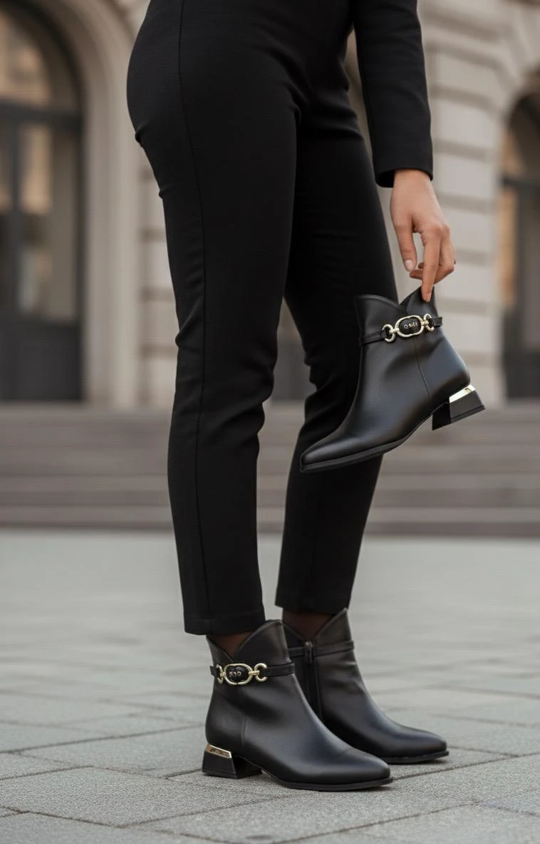 Kadın Siyah Cilt Tokalı 3 Cm Topuklu Su Geçirmez Kısa Bot WSB1154