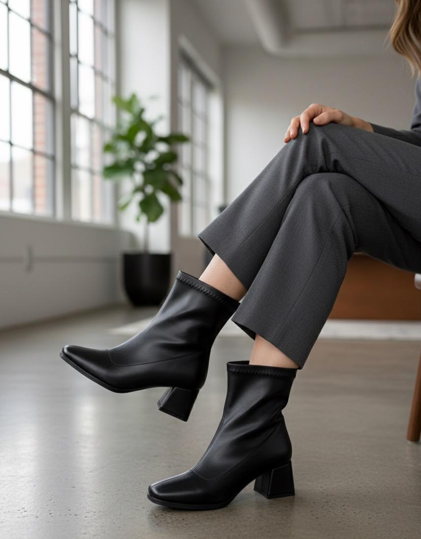 Kadın Siyah Cilt 5 Cm Topuklu Streç Fermuarlı Bot WSB1158