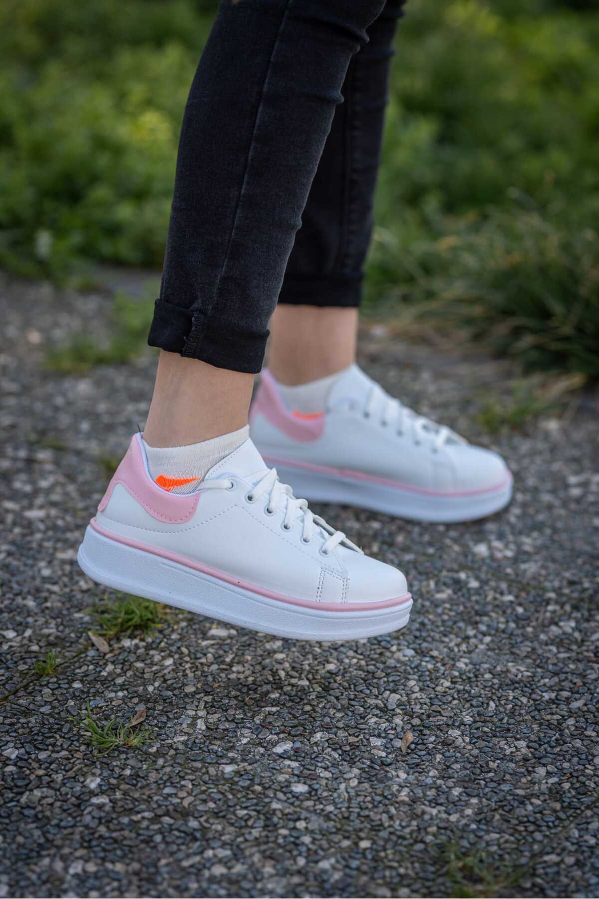 Beyaz Pembe Kadın Yüksek Taban Günlük Rahat Yürüyüş Spor Ayakkabı Wsb0696