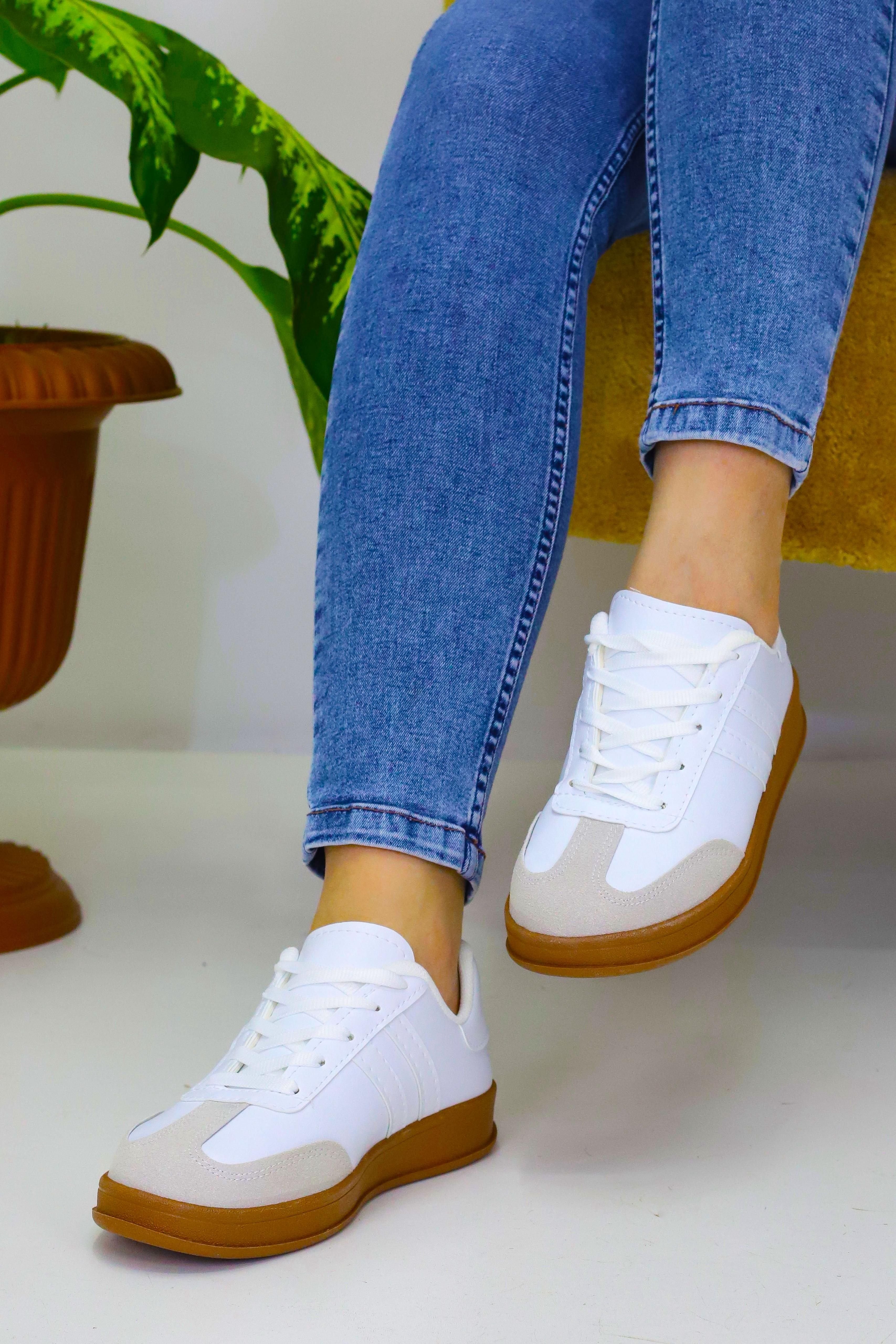 Unisex Beyaz 2 Şeritli Kahve Tabanlı Günlük Spor Ayakkabı WSB4072