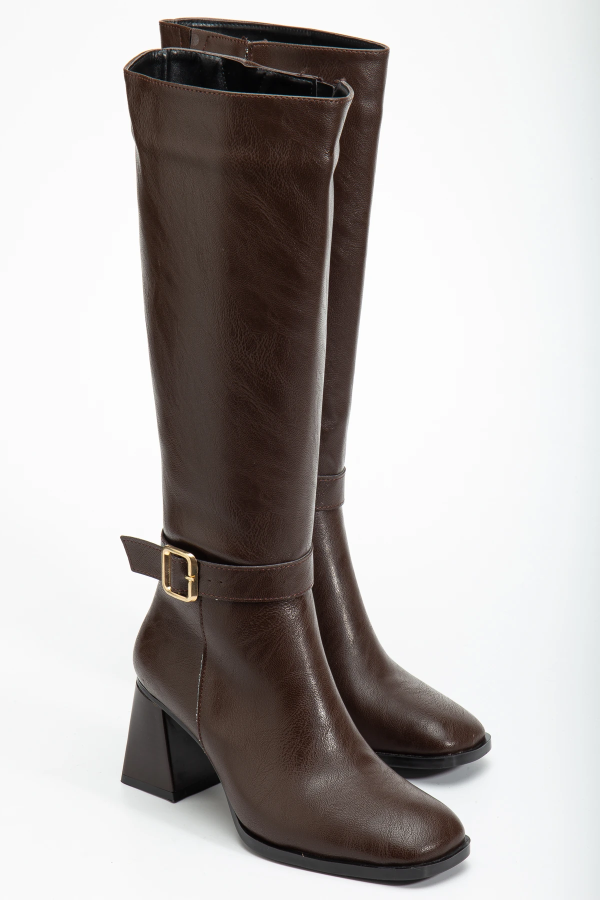 Kadın Kahve 7 Cm Topuklu Fermuarlı Diz Altı Çizme Bot WSB1166